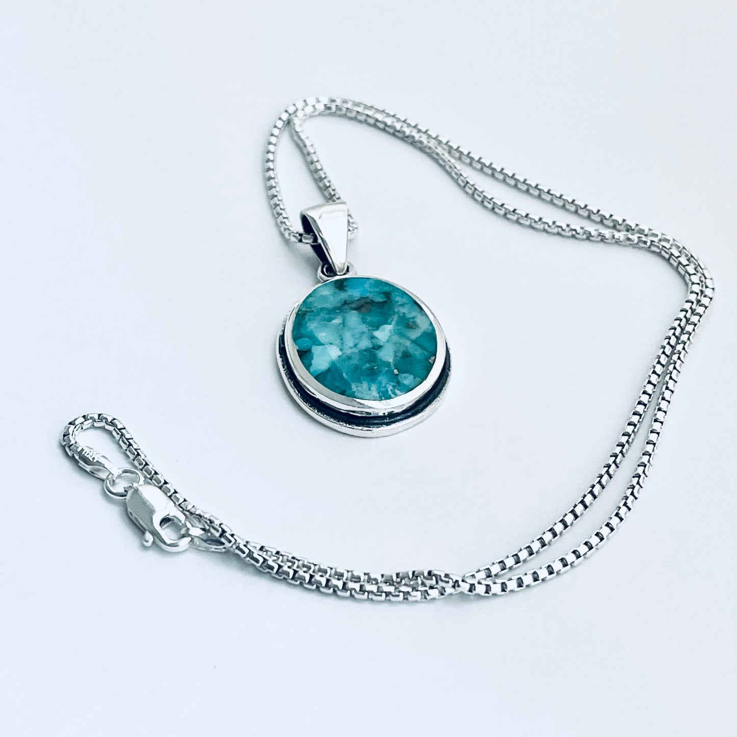 Sterling Silver Large Round Genuine Turquoise Necklace – Boho Statement Stone Silver Pendant Chain