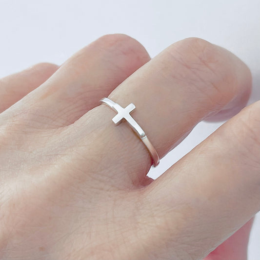 Sterling Silver Small High Polish Sideway Cross Ring, Minimalist Religious Jewelry