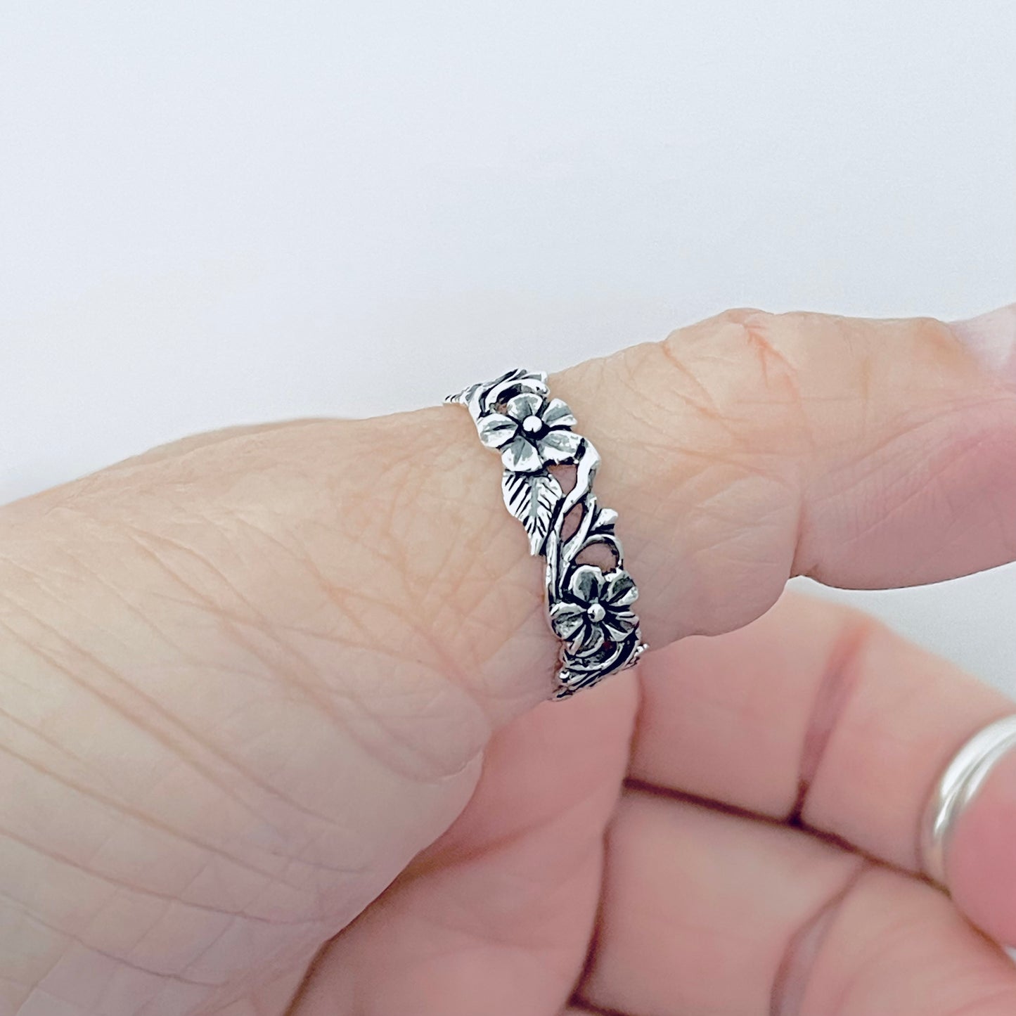 Sterling Silver Delicate Plumeria Flower and Leaf Band Ring, Hawaii Flowers, Silver Bands