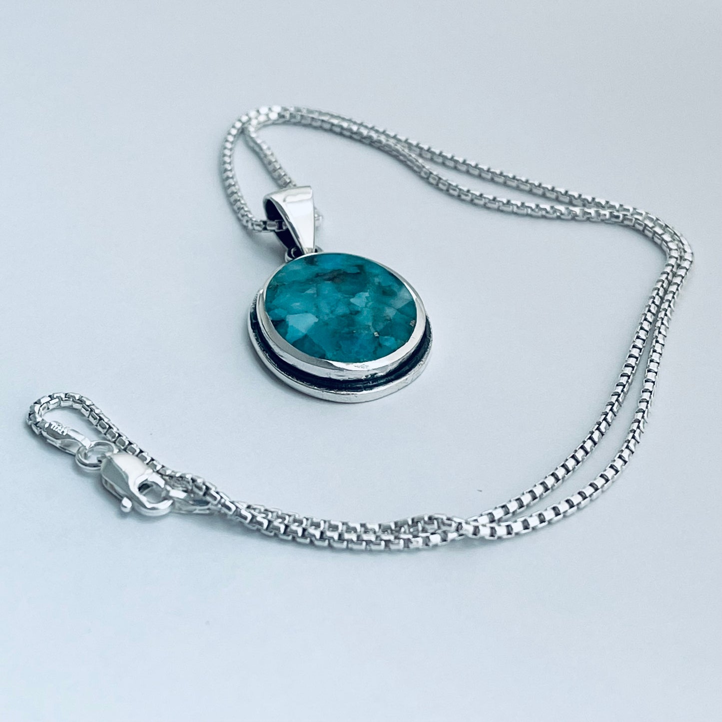 Sterling Silver Large Round Genuine Turquoise Necklace, Silver Necklaces, Stone Chains