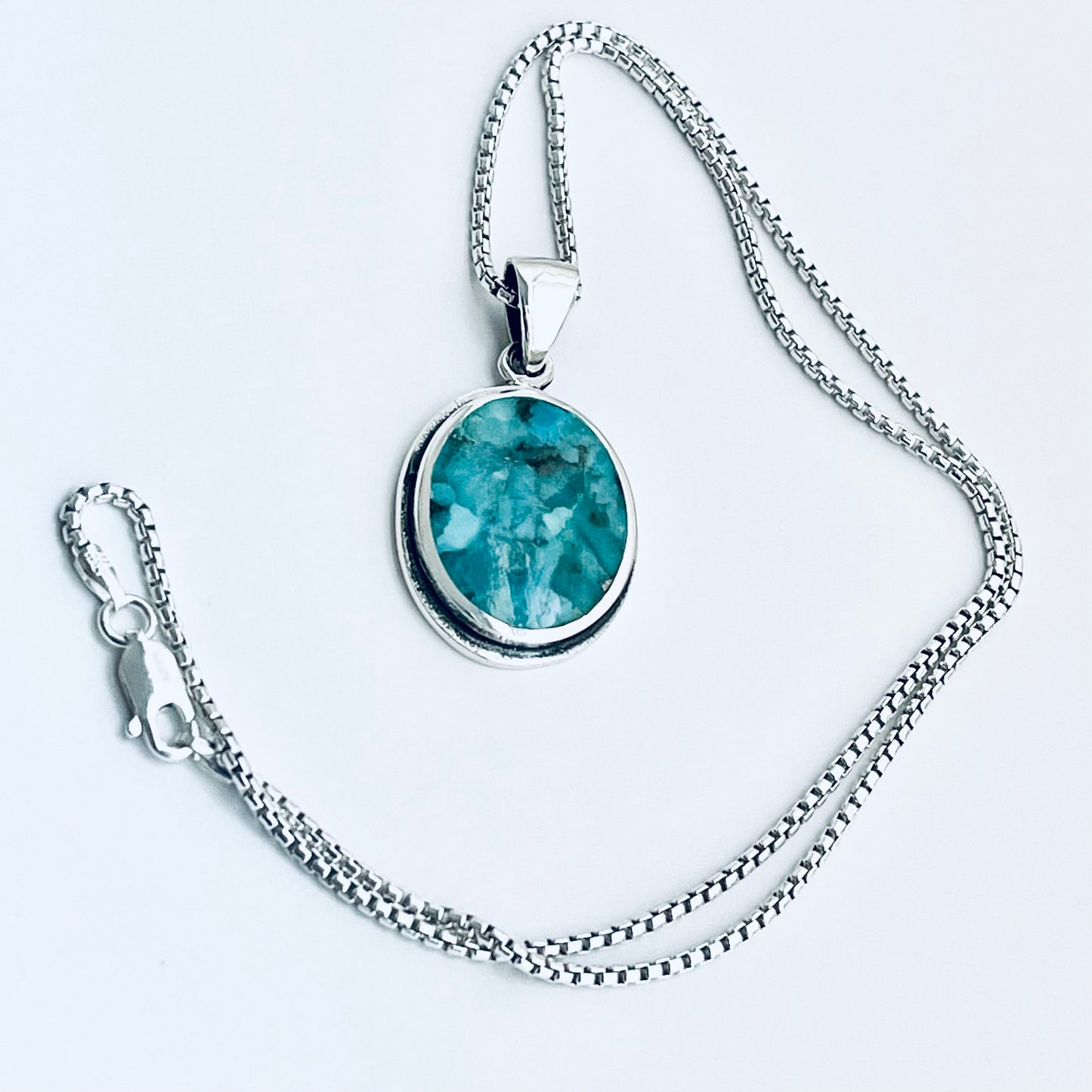 Sterling Silver Large Round Genuine Turquoise Necklace – Boho Statement Stone Silver Pendant Chain