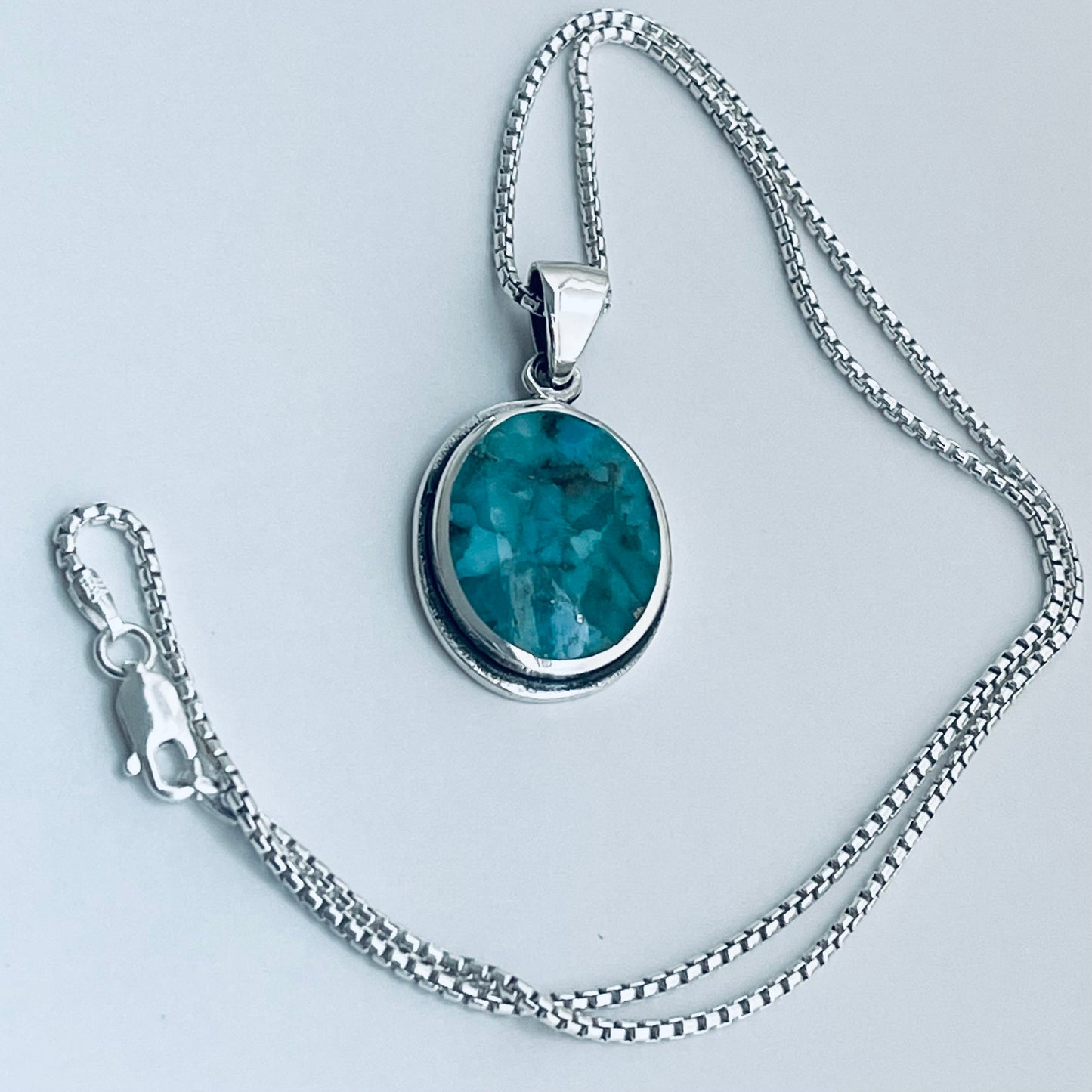 Sterling Silver Large Round Genuine Turquoise Necklace, Silver Necklaces, Stone Chains