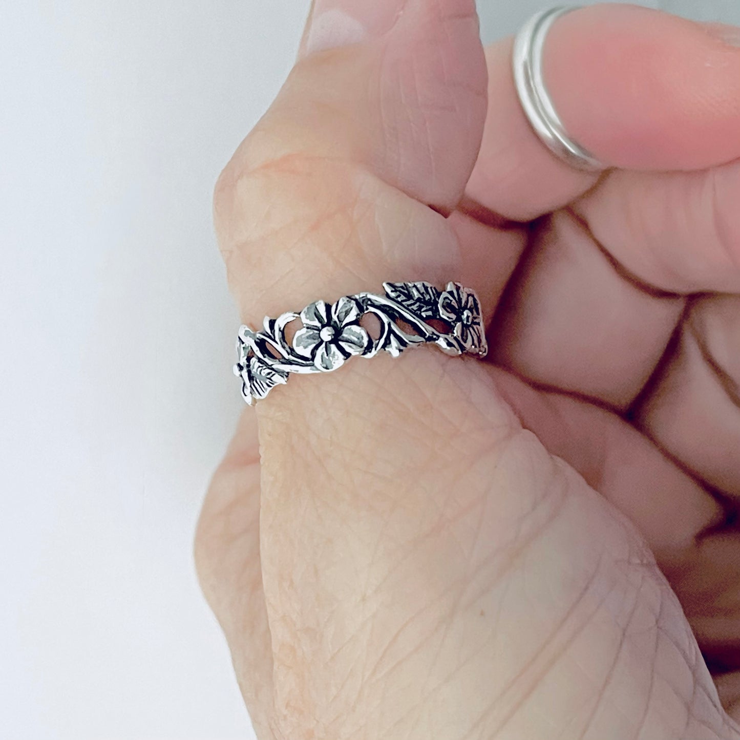 Sterling Silver Delicate Plumeria Flower and Leaf Band Ring, Hawaii Flowers, Silver Bands