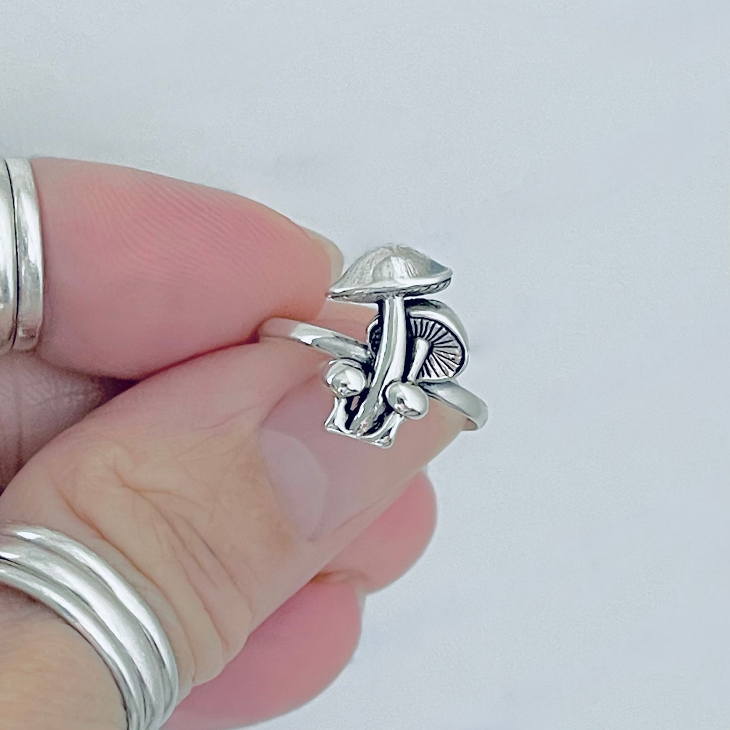 925 Sterling Silver Family of Four Mushroom Ring | Nature Tree of Life Silver Rings