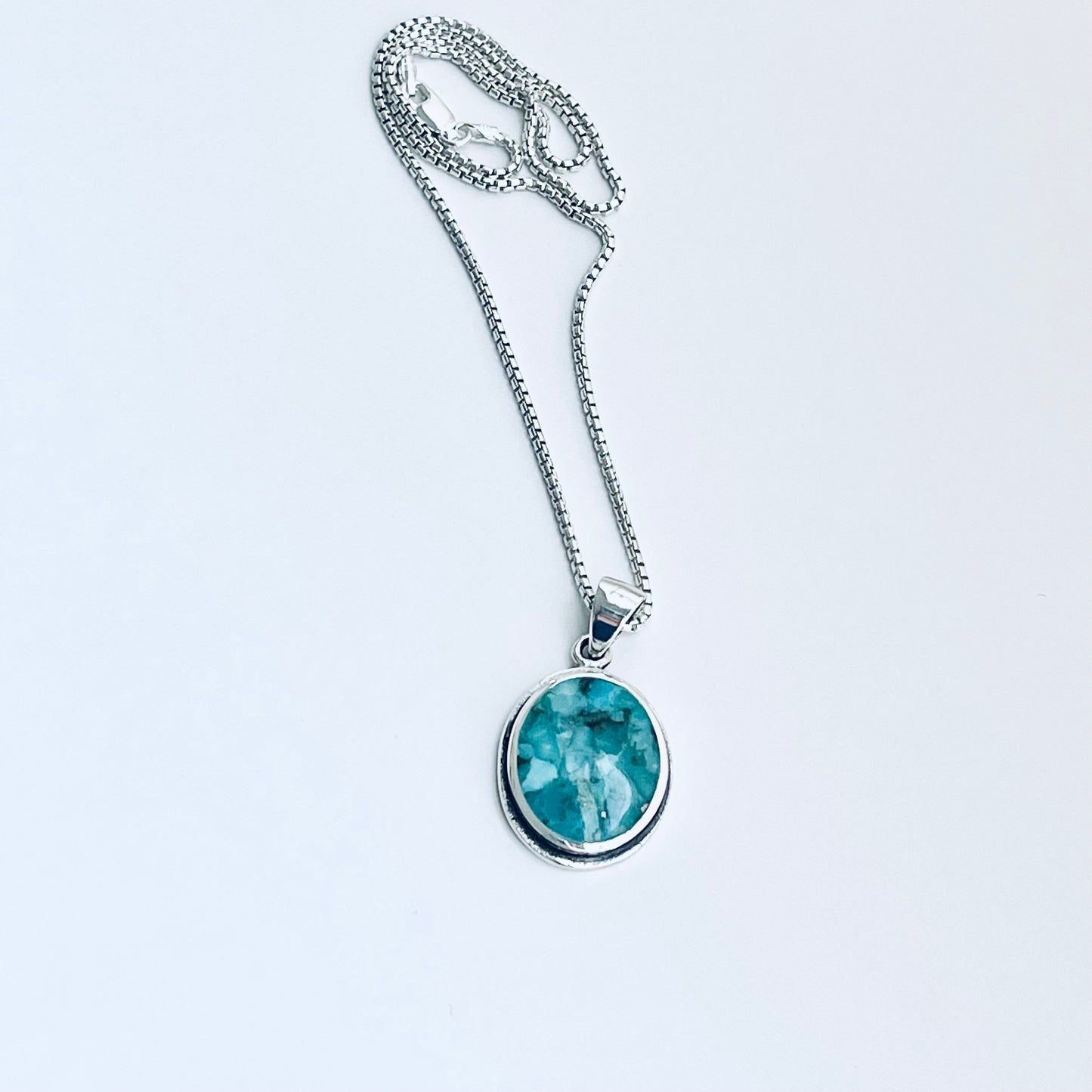 Sterling Silver Large Round Genuine Turquoise Necklace – Boho Statement Stone Silver Pendant Chain