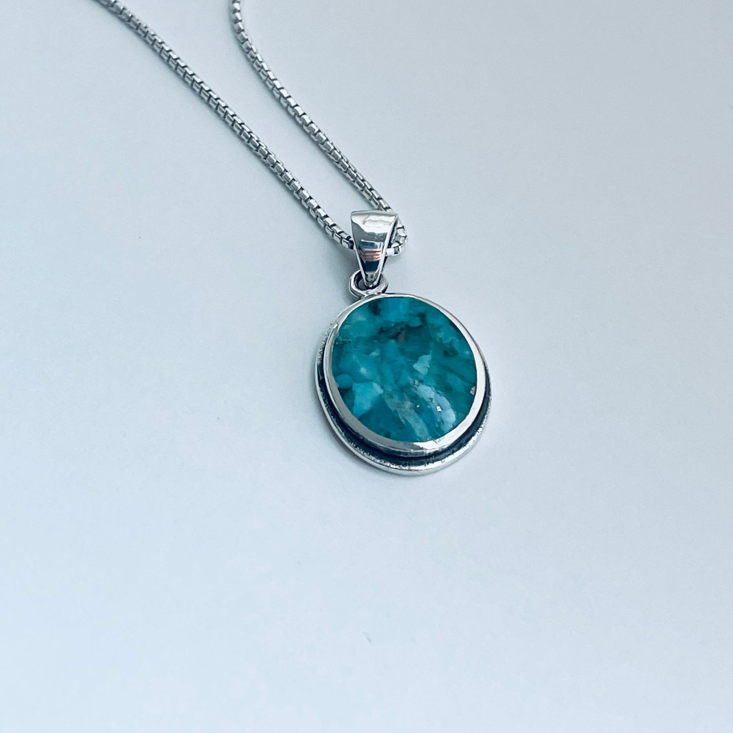 Sterling Silver Large Round Genuine Turquoise Necklace, Silver Necklaces, Stone Chains