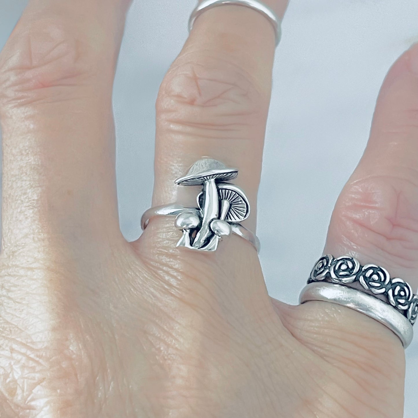 925 Sterling Silver Family of Four Mushroom Ring | Nature Tree of Life Silver Rings