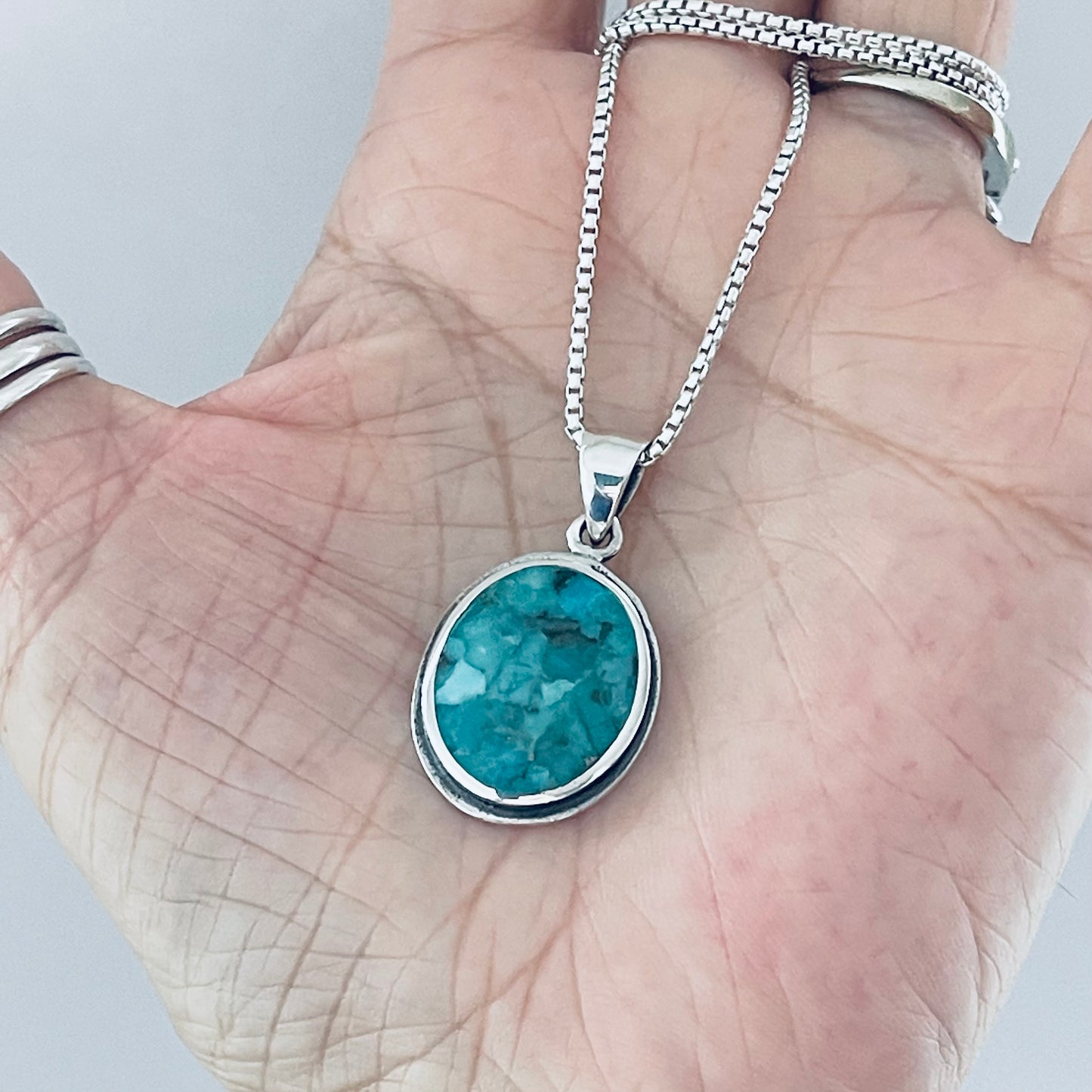 Sterling Silver Large Round Genuine Turquoise Necklace, Silver Necklaces, Stone Chains