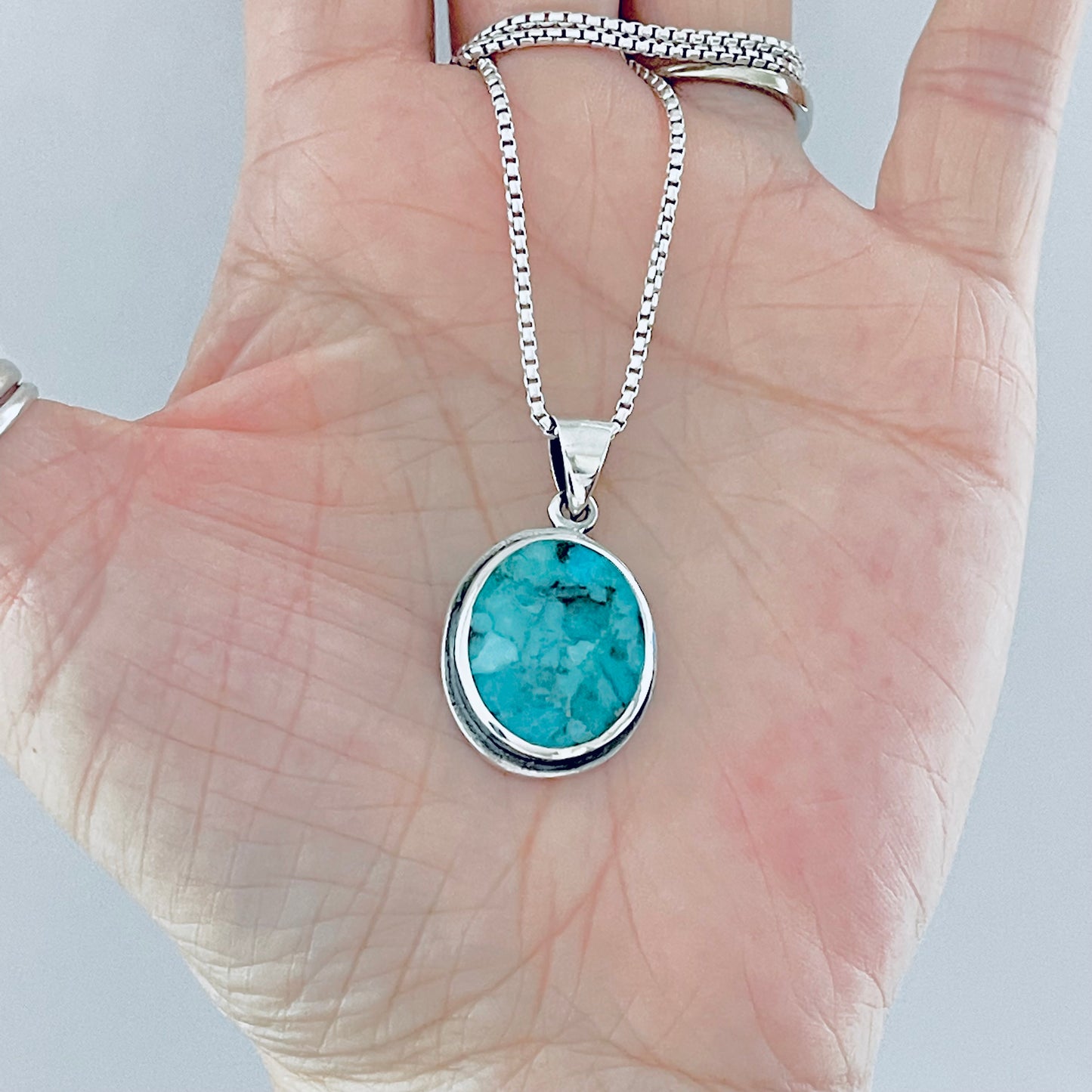 Sterling Silver Large Round Genuine Turquoise Necklace – Boho Statement Stone Silver Pendant Chain