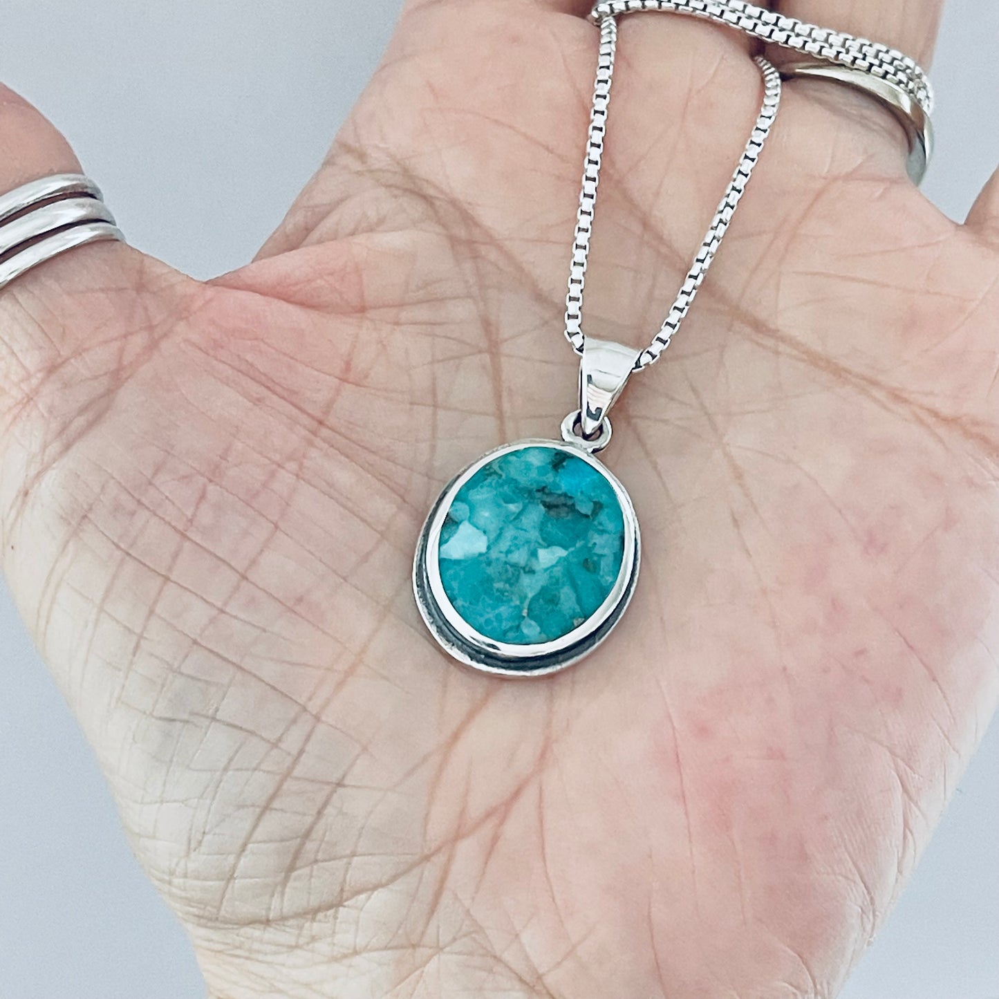 Sterling Silver Large Round Genuine Turquoise Necklace, Silver Necklaces, Stone Chains