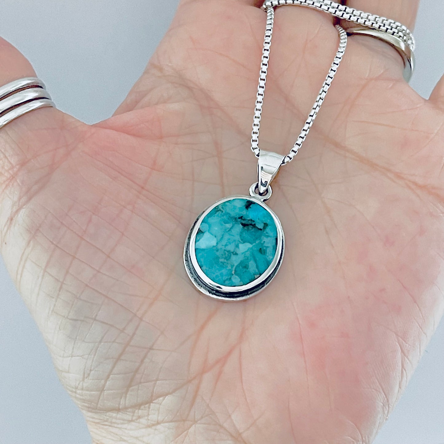 Sterling Silver Large Round Genuine Turquoise Necklace – Boho Statement Stone Silver Pendant Chain