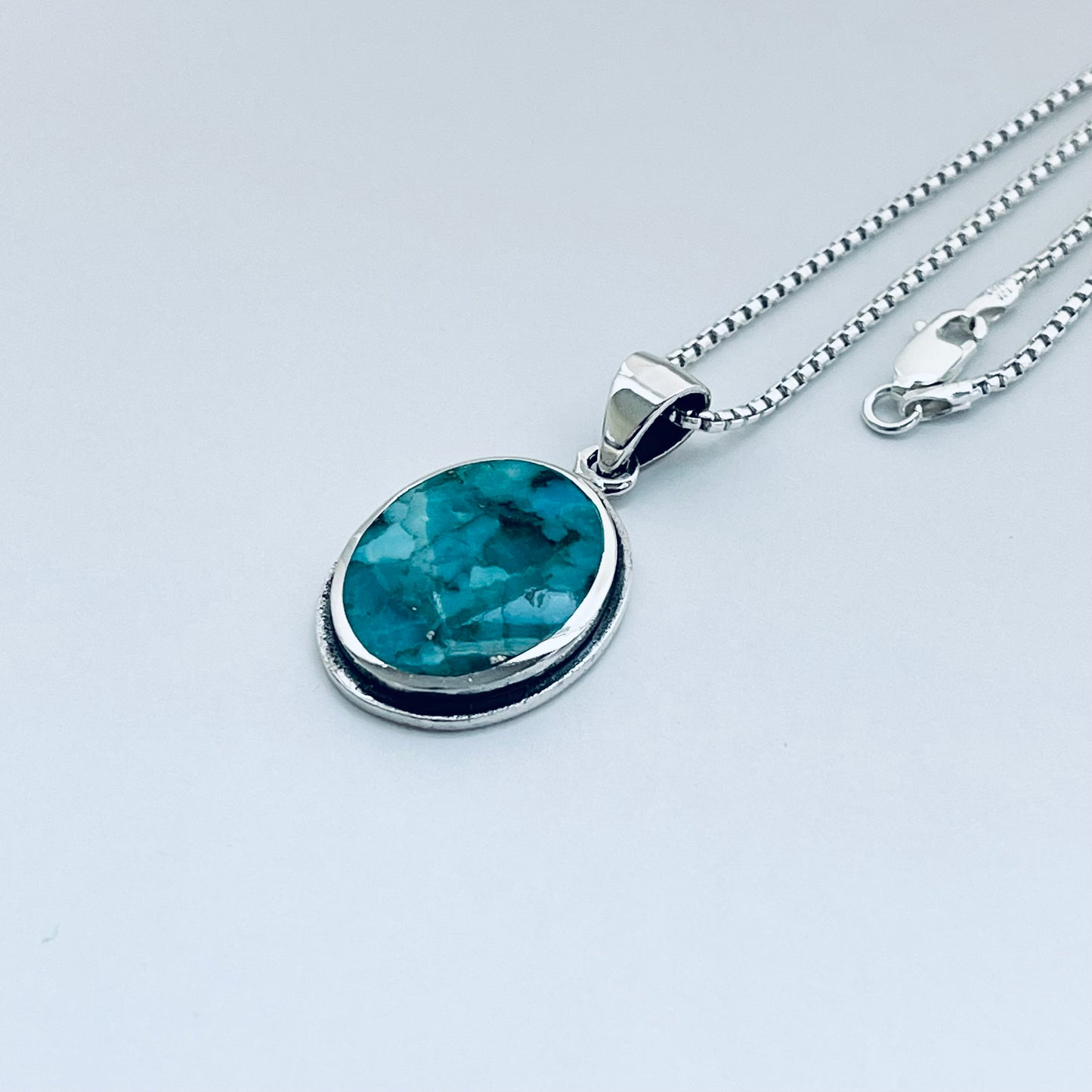 Sterling Silver Large Round Genuine Turquoise Necklace, Silver Necklaces, Stone Chains