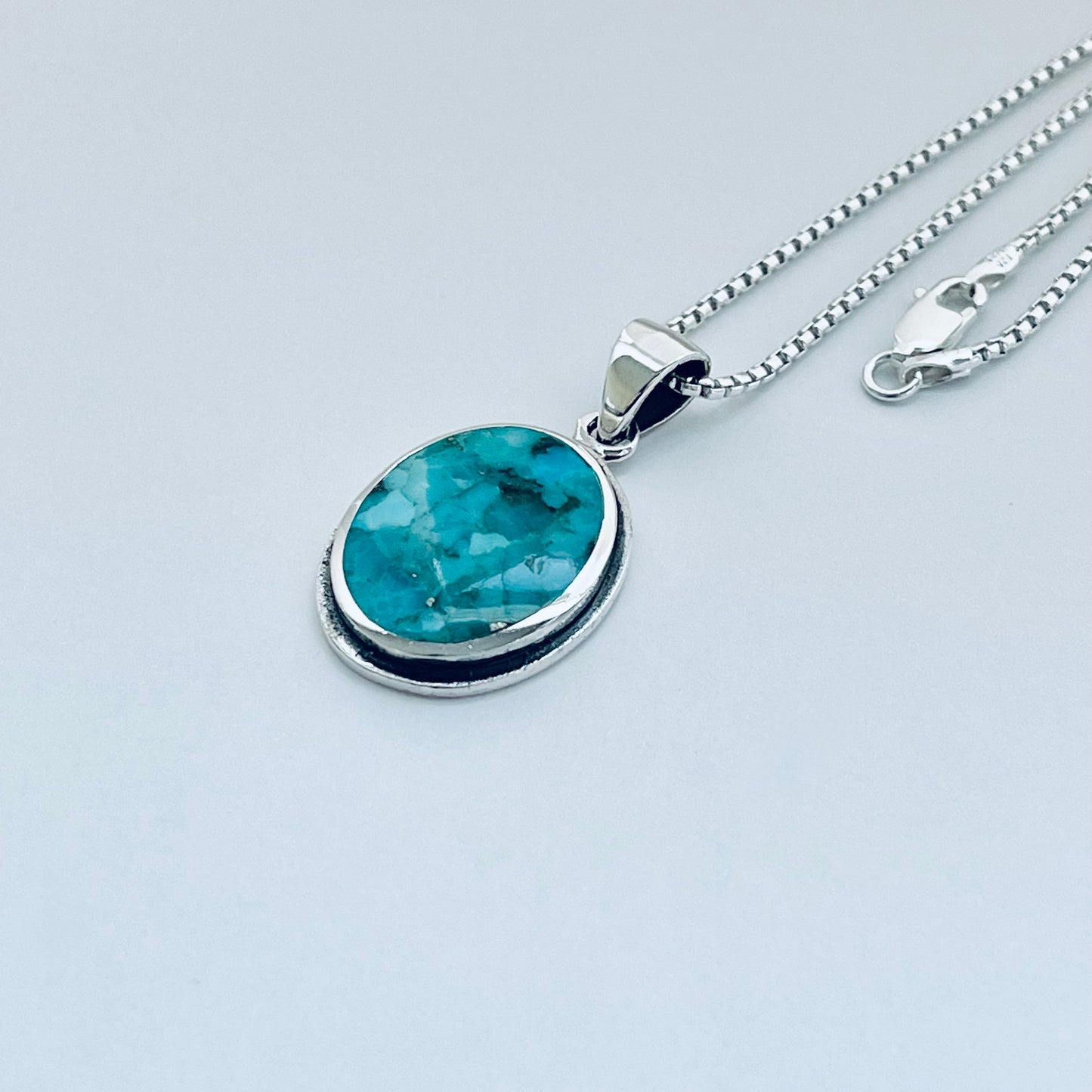 Sterling Silver Large Round Genuine Turquoise Necklace – Boho Statement Stone Silver Pendant Chain