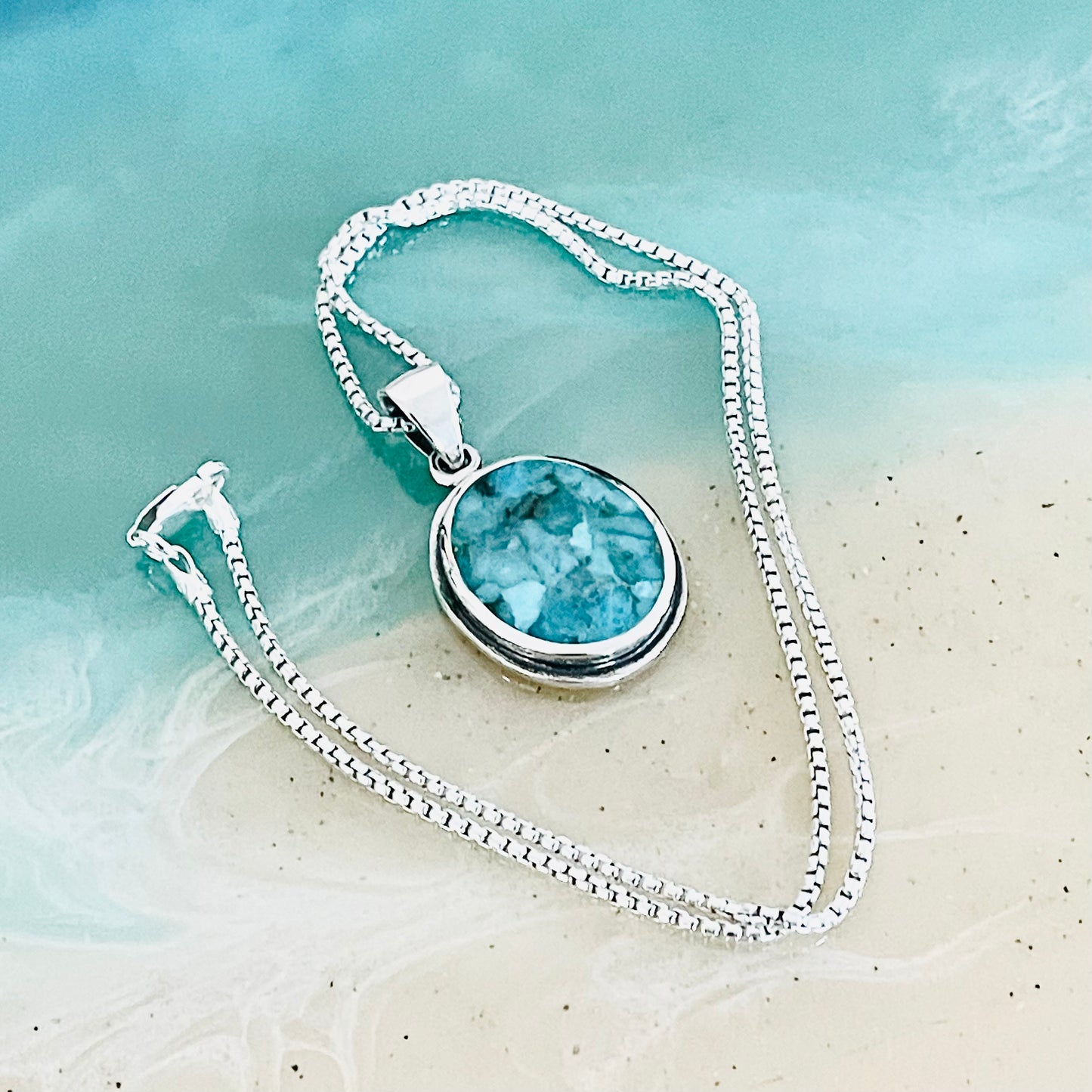 Sterling Silver Large Round Genuine Turquoise Necklace – Boho Statement Stone Silver Pendant Chain