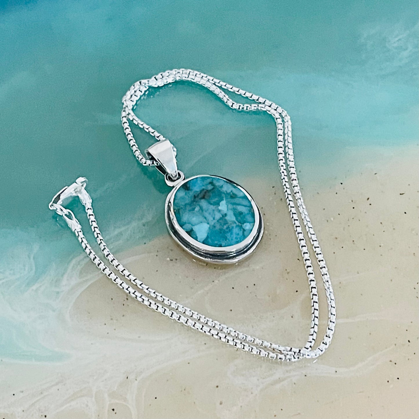 Sterling Silver Large Round Genuine Turquoise Necklace, Silver Necklaces, Stone Chains