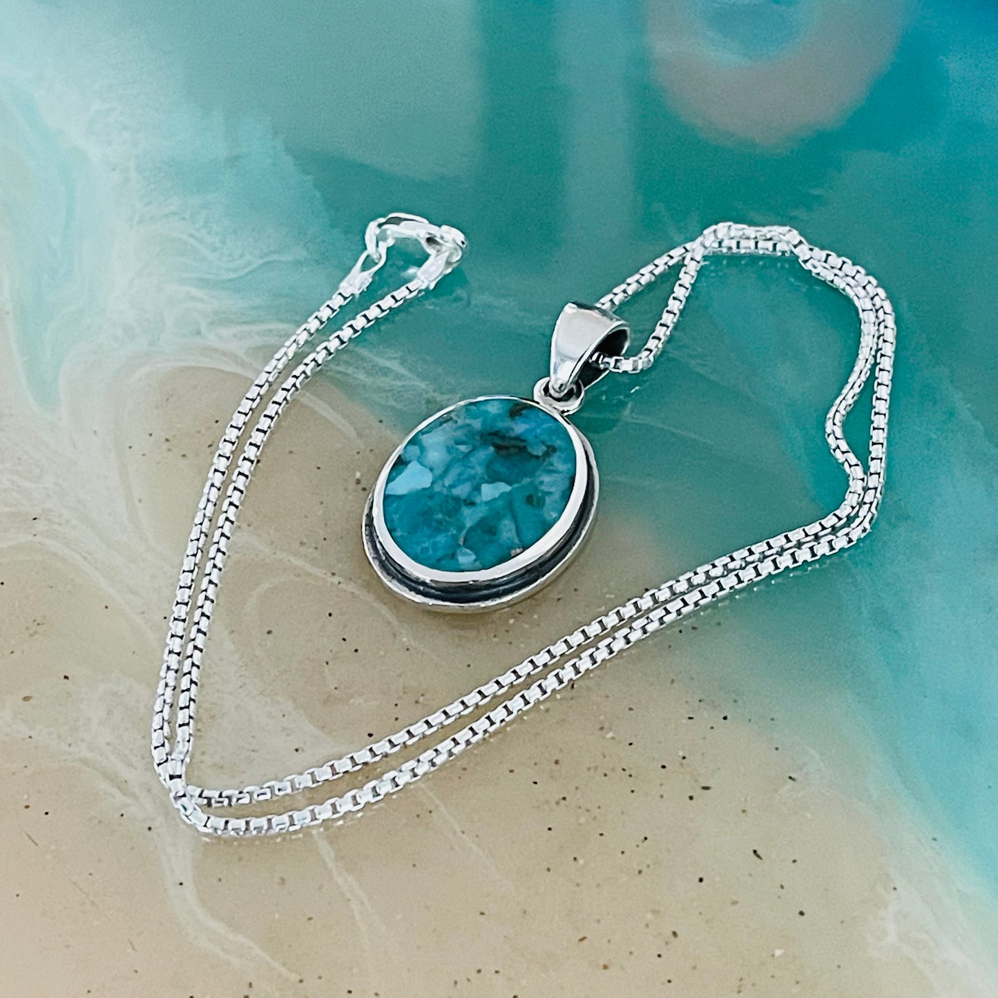 Sterling Silver Large Round Genuine Turquoise Necklace, Silver Necklaces, Stone Chains