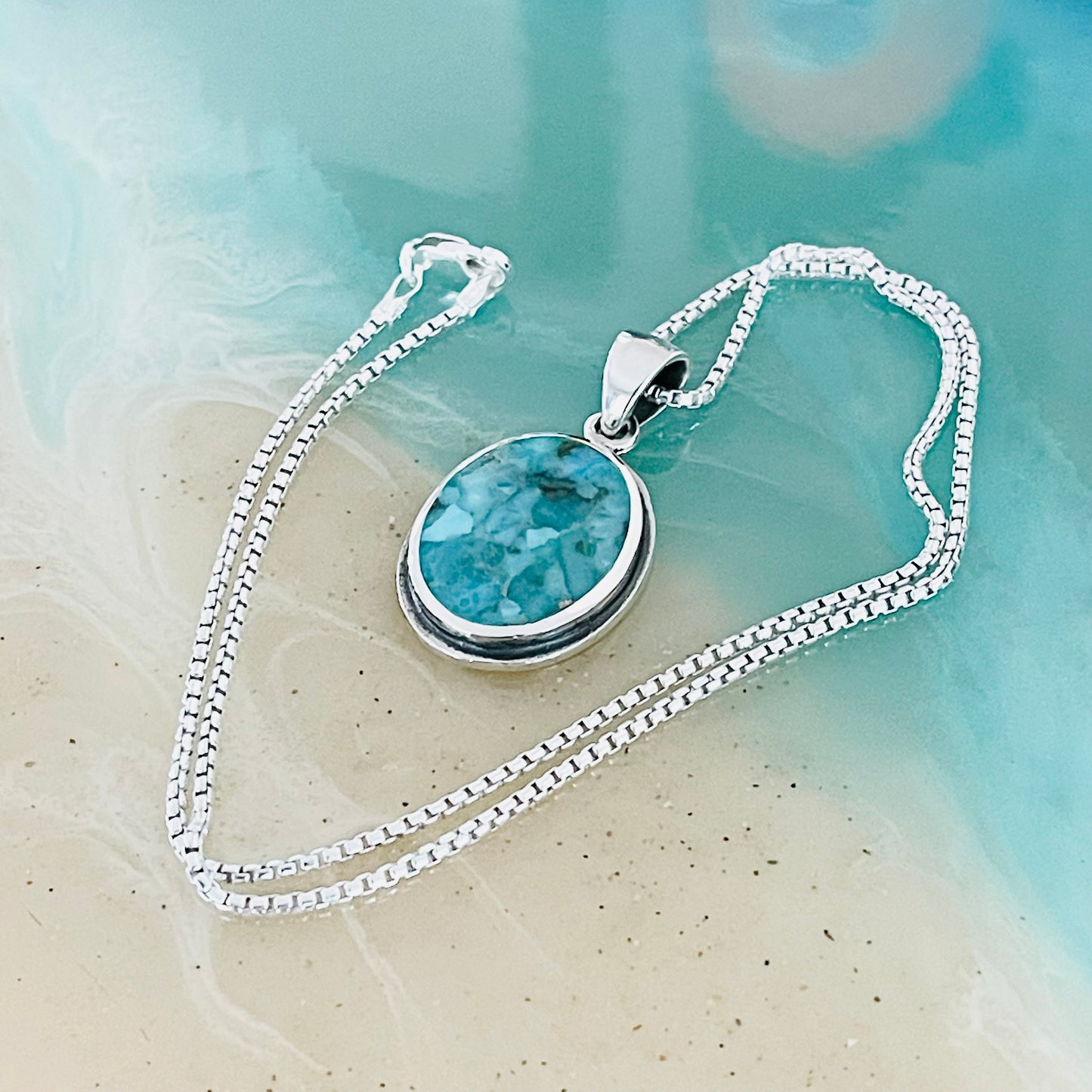 Sterling Silver Large Round Genuine Turquoise Necklace – Boho Statement Stone Silver Pendant Chain