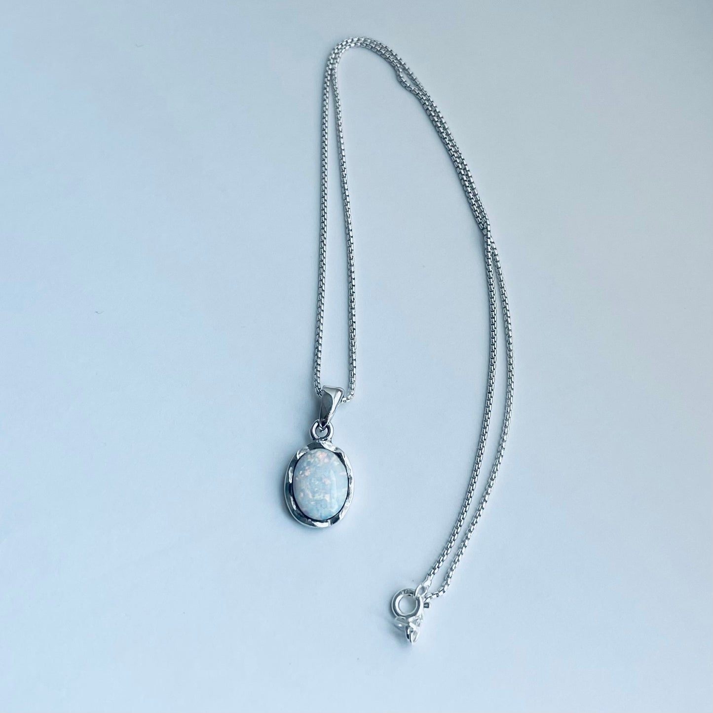 Sterling Silver Wavy White Lab Opal Necklace, Silver Necklaces, October Birthstone Necklace