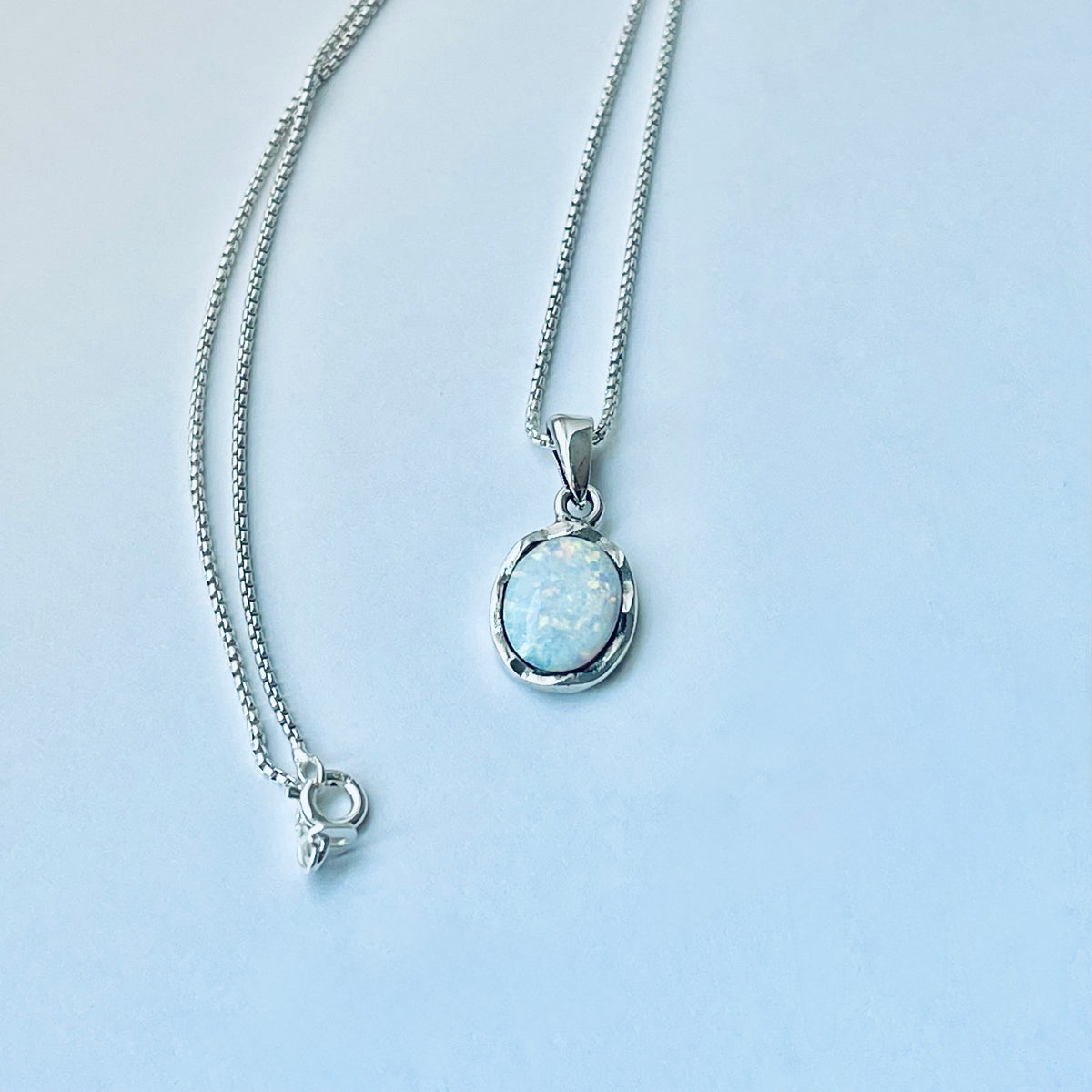 925 Sterling Silver White Lab Opal Necklace – Dainty October Birthstone Pendant Chain