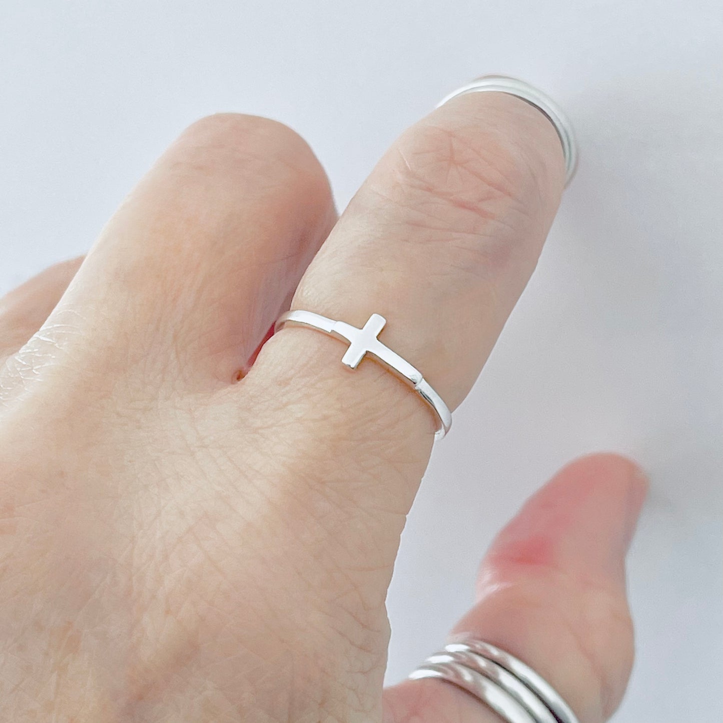 Sterling Silver Small High Polish Sideway Cross Ring, Minimalist Religious Jewelry