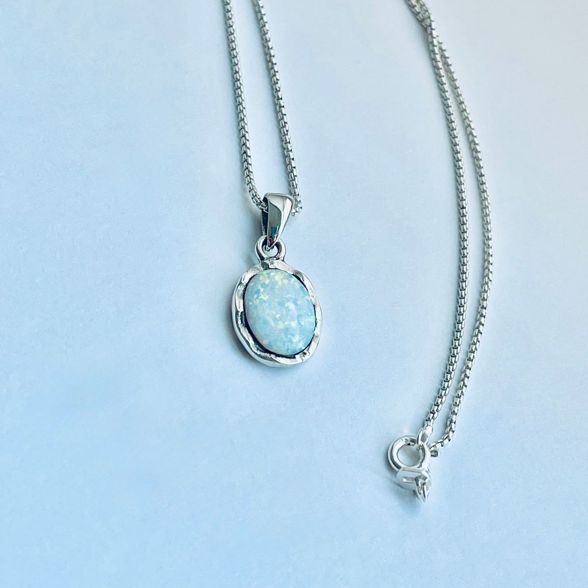 925 Sterling Silver White Lab Opal Necklace – Dainty October Birthstone Pendant Chain