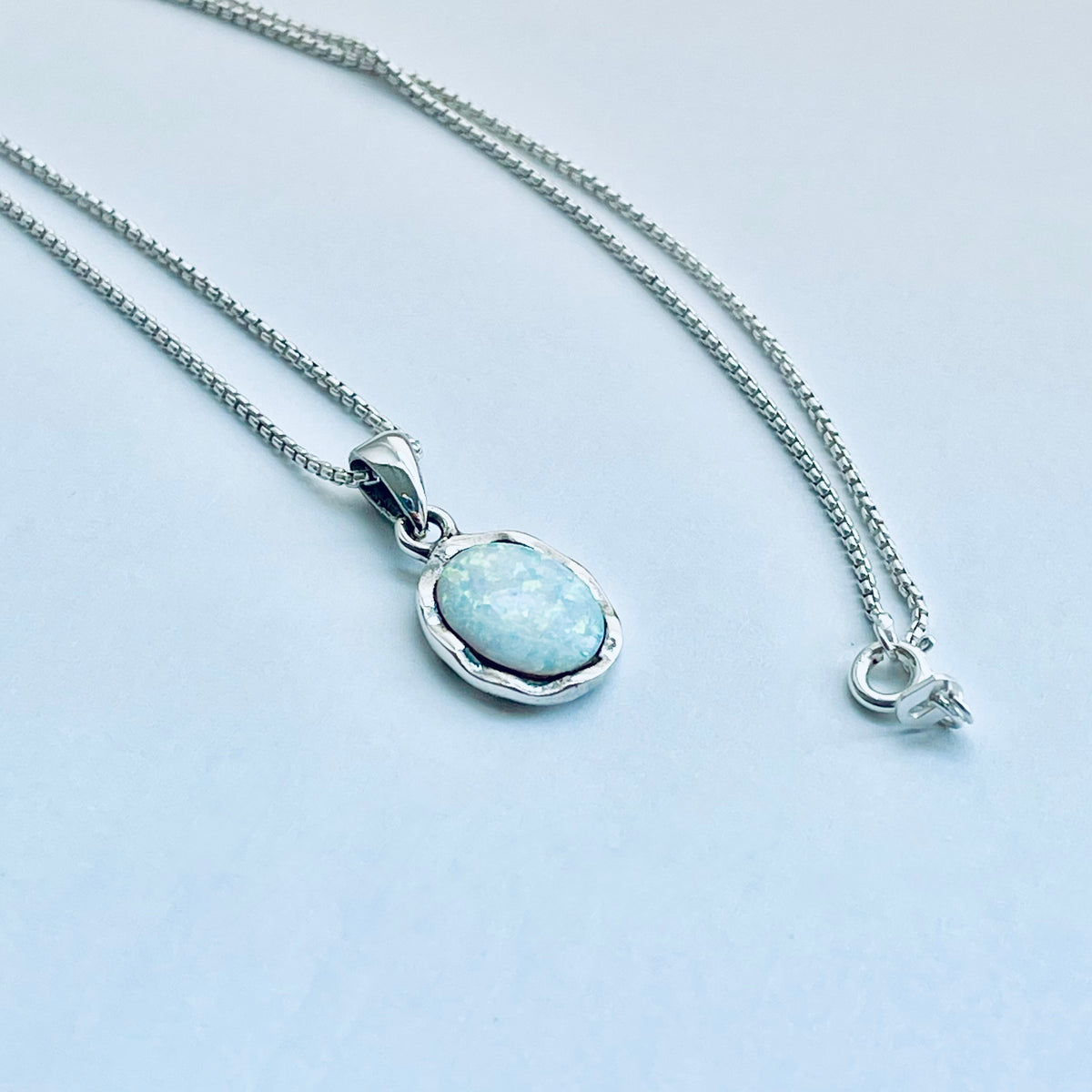 925 Sterling Silver White Lab Opal Necklace – Dainty October Birthstone Pendant Chain