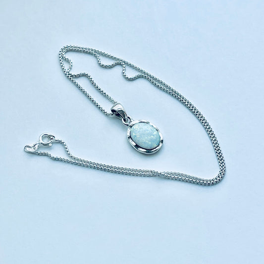 925 Sterling Silver White Lab Opal Necklace – Dainty October Birthstone Pendant Chain