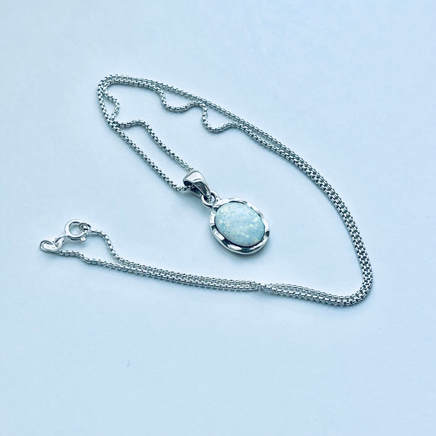 Sterling Silver Wavy White Lab Opal Necklace, Silver Necklaces, October Birthstone Necklace