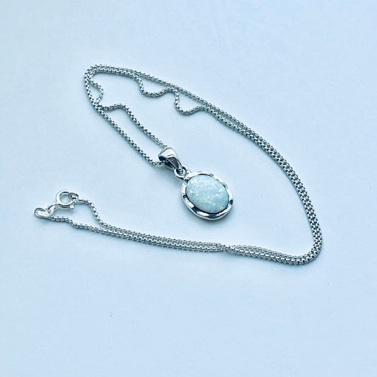 Sterling Silver Wavy White Lab Opal Necklace – October Birthstone Wave Pendant