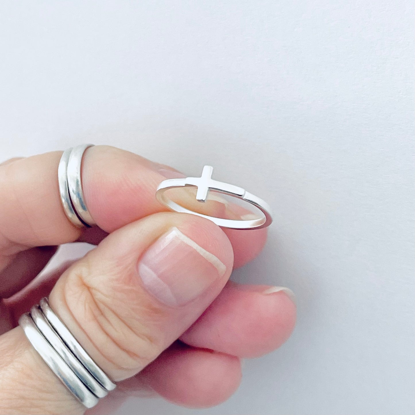 Sterling Silver Small High Polish Sideway Cross Ring, Minimalist Religious Jewelry