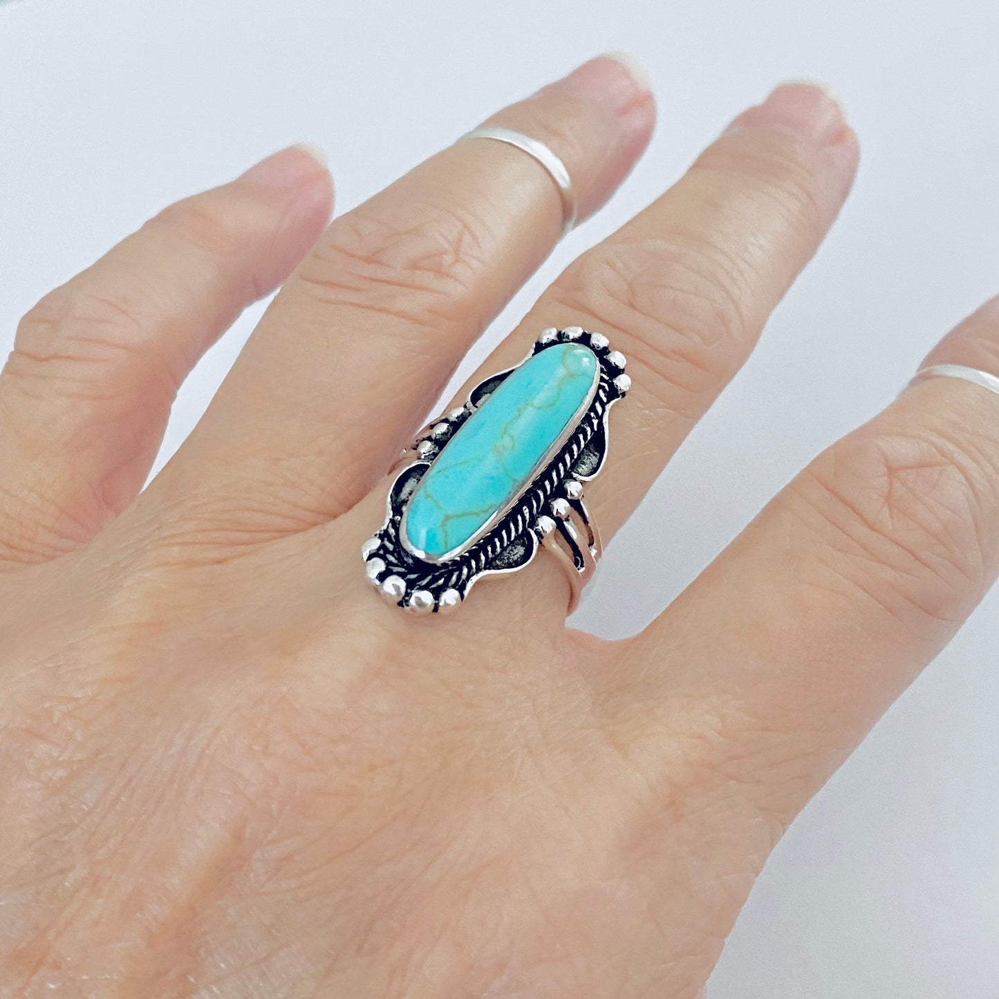 Sterling Silver Long Oval Synthetic Turquoise Ring, Statement Boho Stone Jewelry