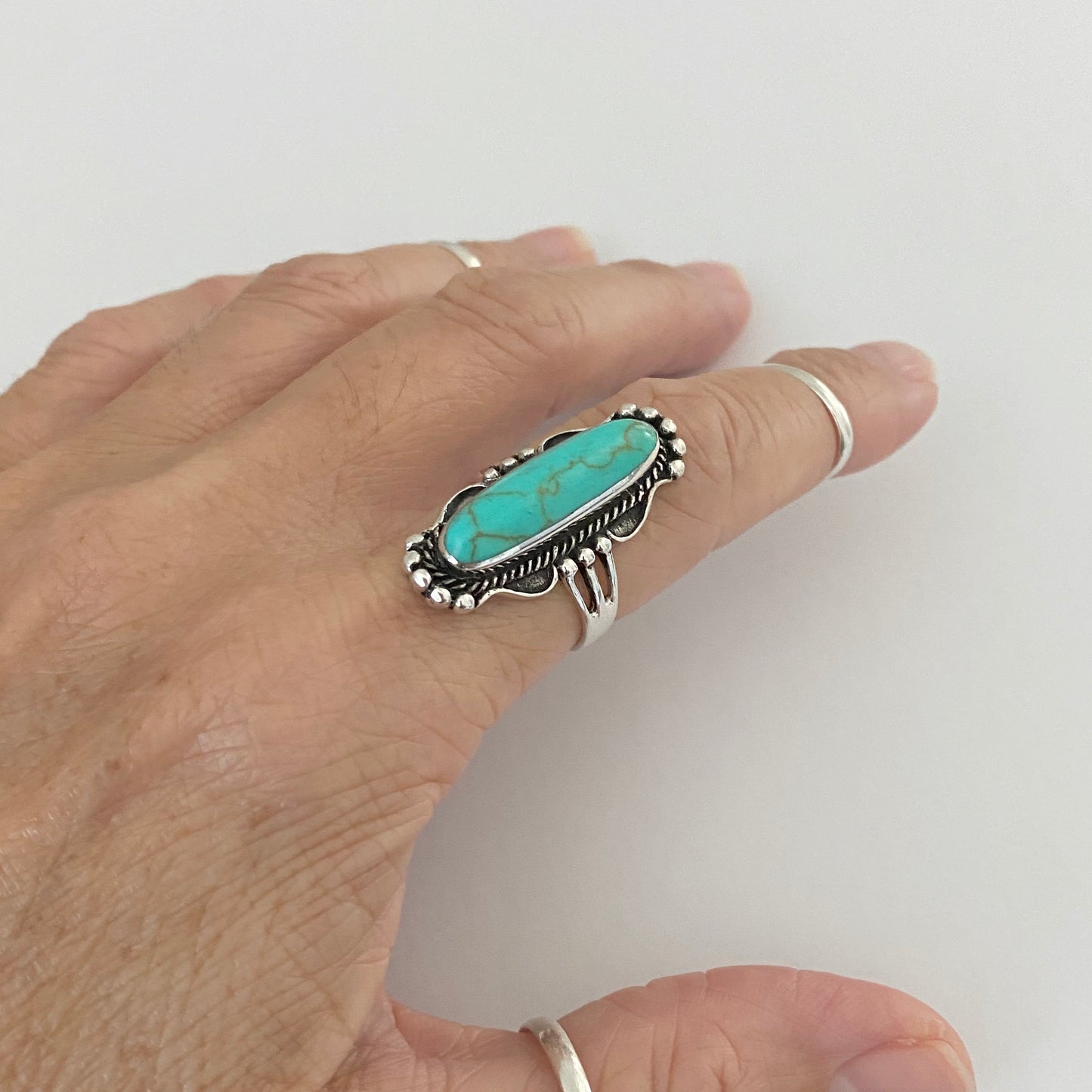 Statement Sterling Silver Long Oval Synthetic Turquoise Ring, Stone Silver Rings