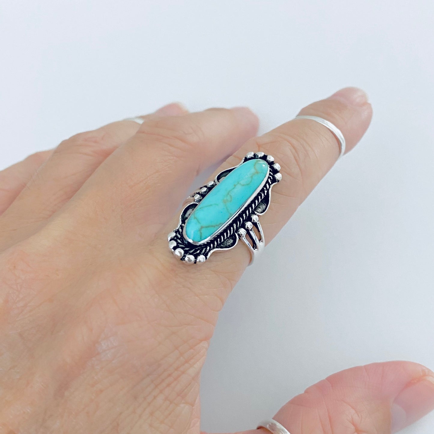 Sterling Silver Long Oval Synthetic Turquoise Ring, Statement Boho Stone Jewelry