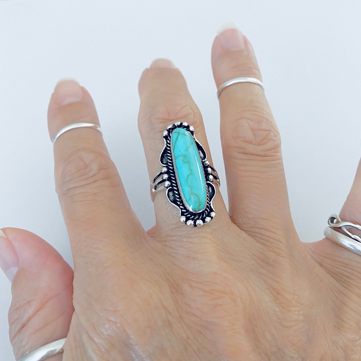 Sterling Silver Long Oval Synthetic Turquoise Ring, Statement Boho Stone Jewelry