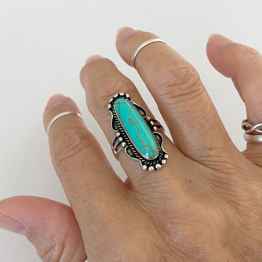 Statement Sterling Silver Long Oval Synthetic Turquoise Ring, Stone Silver Rings