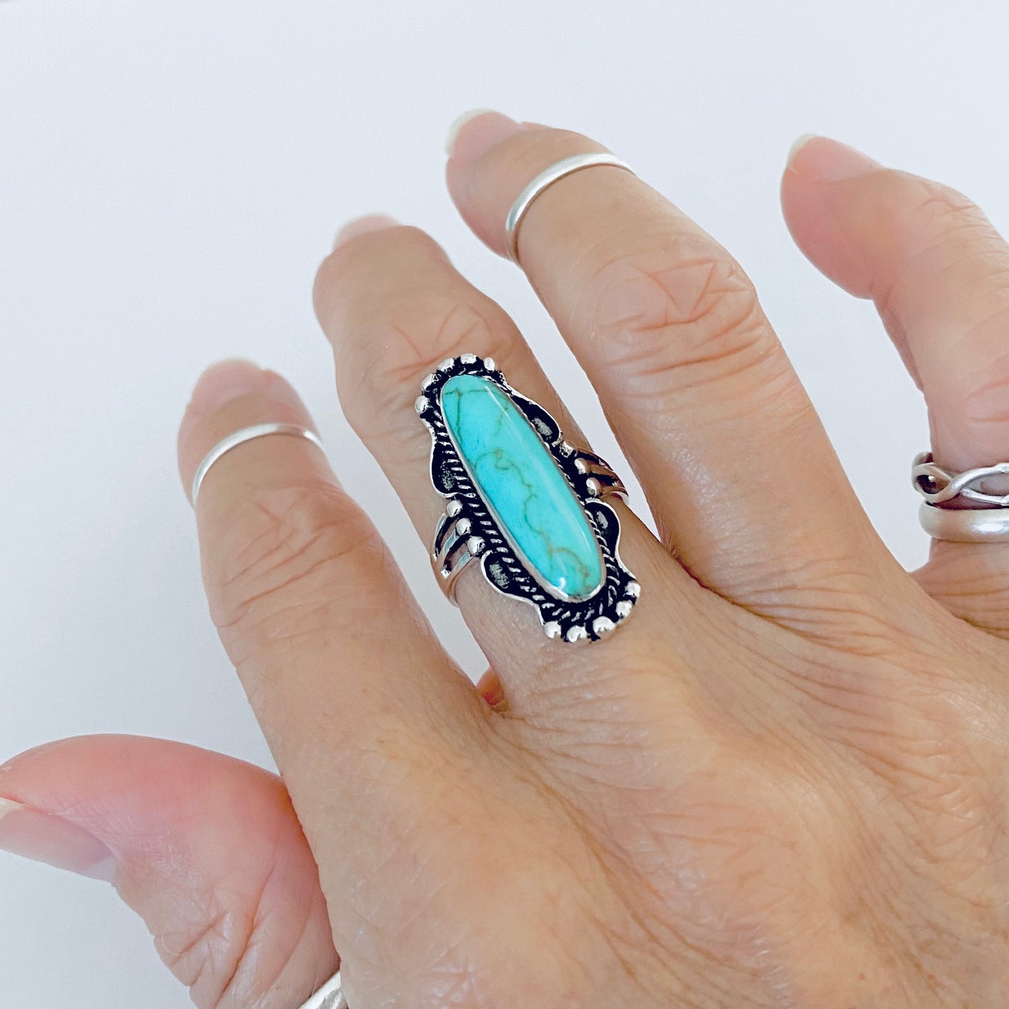 Sterling Silver Long Oval Synthetic Turquoise Ring, Statement Boho Stone Jewelry