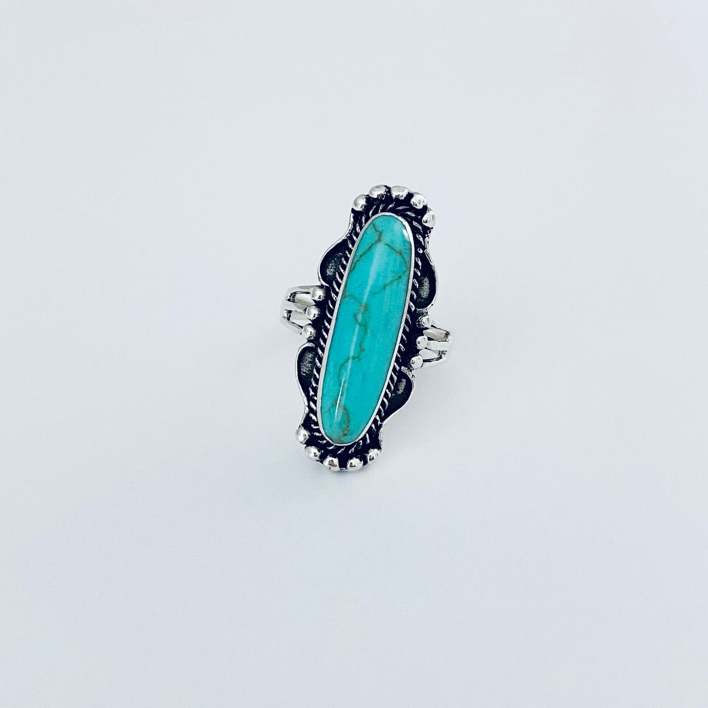 Sterling Silver Long Oval Synthetic Turquoise Ring, Statement Boho Stone Jewelry