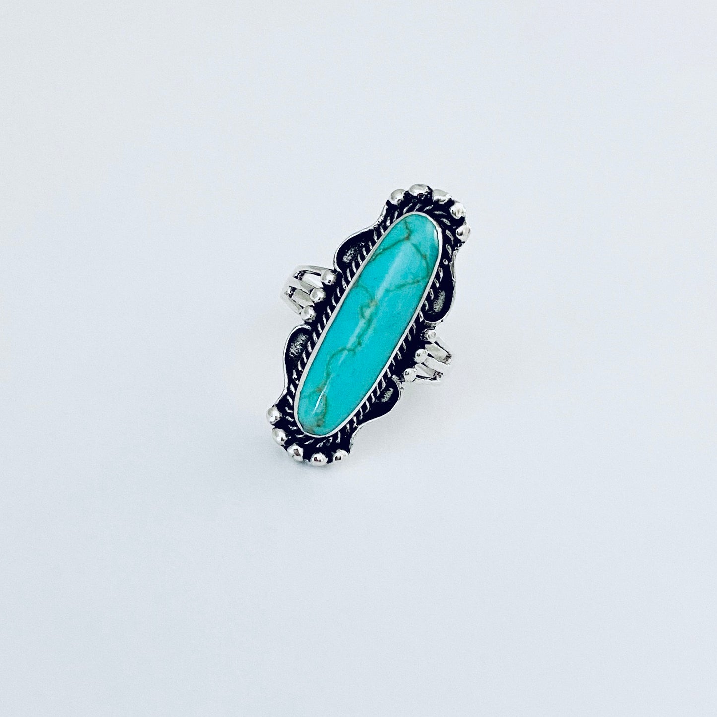 Sterling Silver Long Oval Synthetic Turquoise Ring, Statement Boho Stone Jewelry