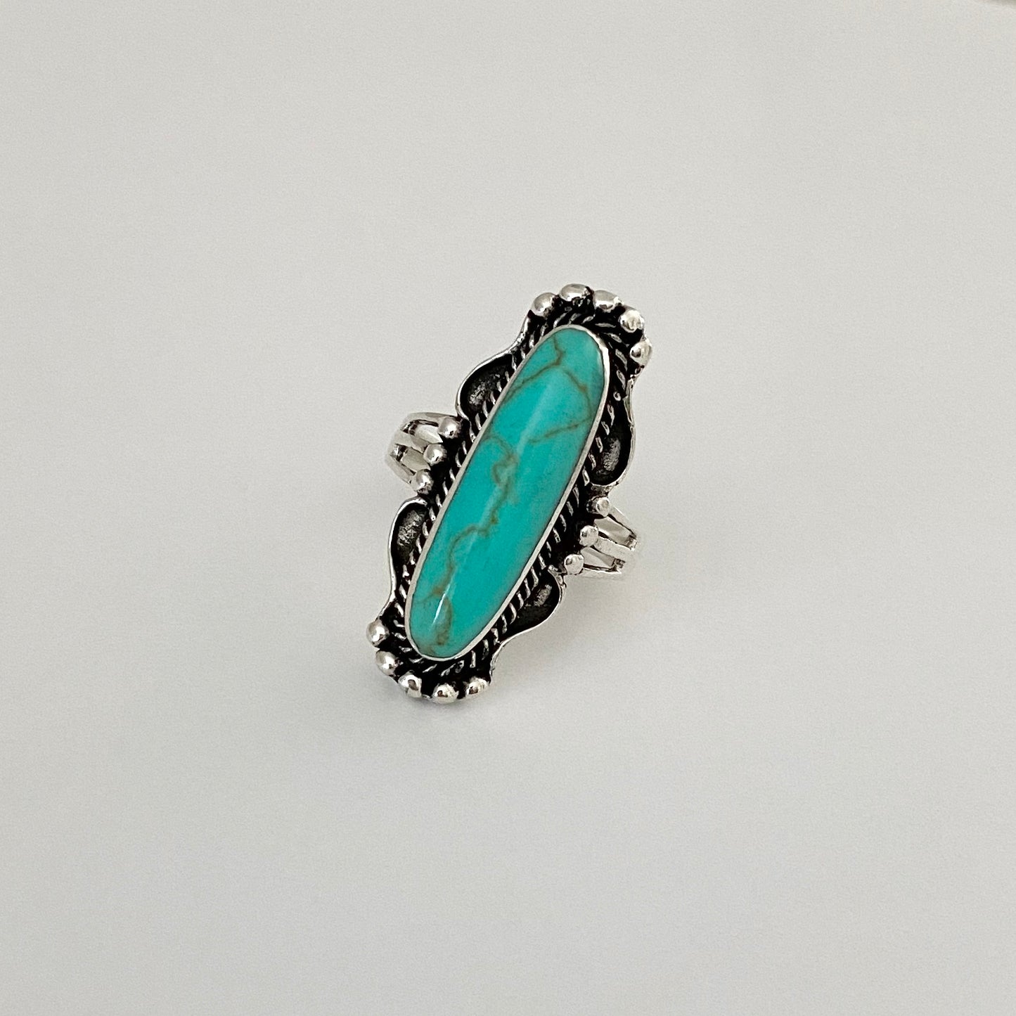 Statement Sterling Silver Long Oval Synthetic Turquoise Ring, Stone Silver Rings