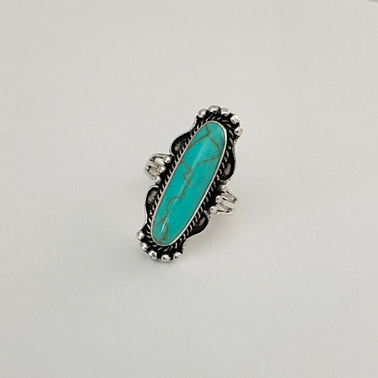 Sterling Silver Long Oval Synthetic Turquoise Ring, Statement Stone Ring, Silver Rings