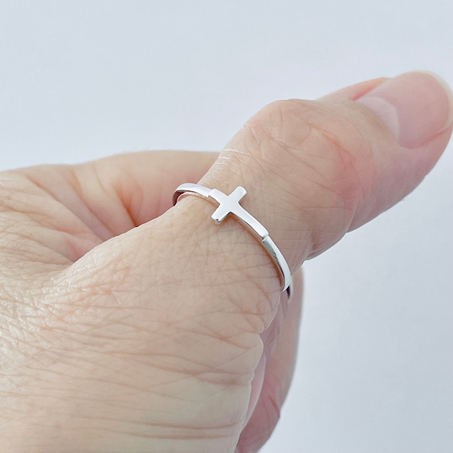 Sterling Silver Small High Polish Sideway Cross Ring, Minimalist Religious Jewelry