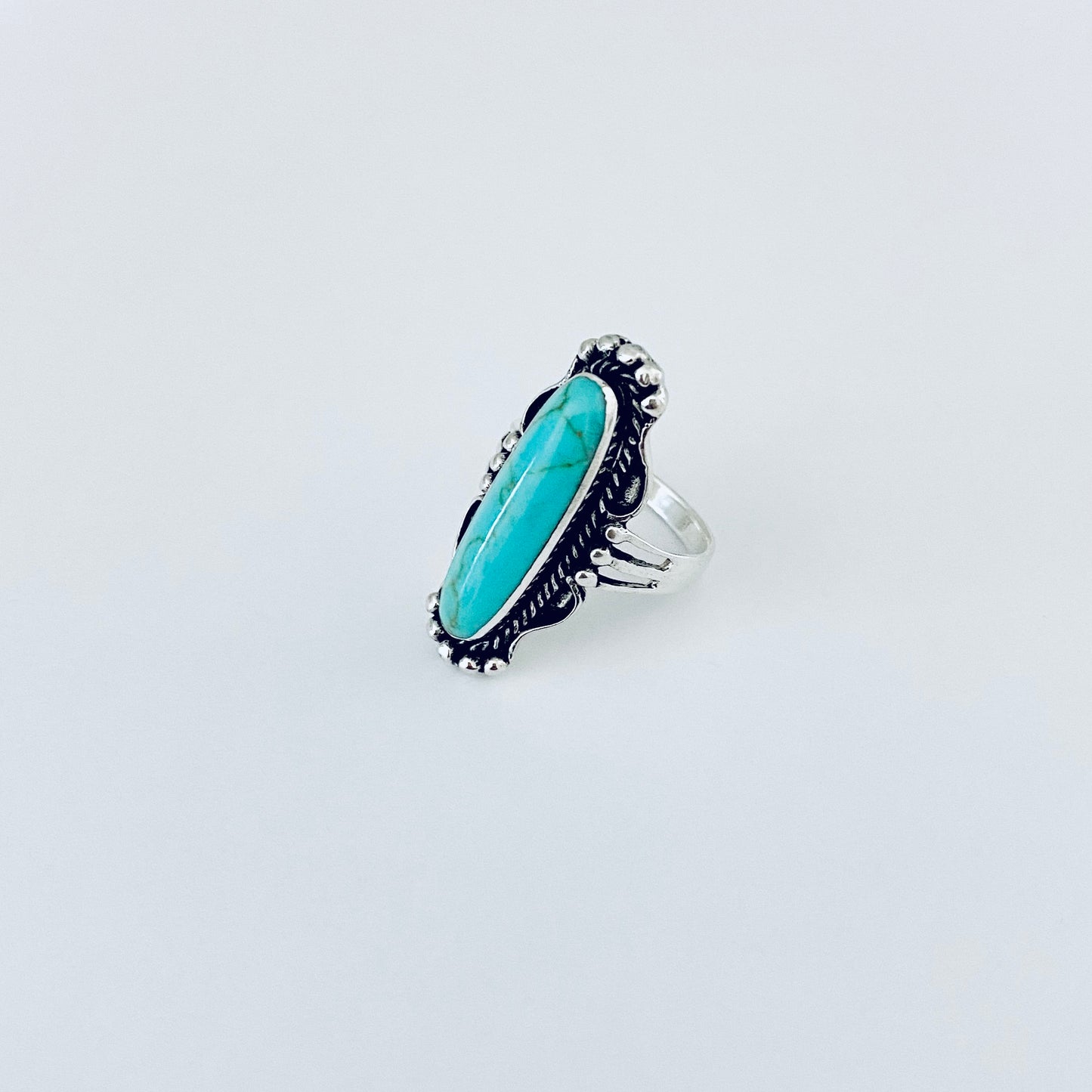Sterling Silver Long Oval Synthetic Turquoise Ring, Statement Boho Stone Jewelry
