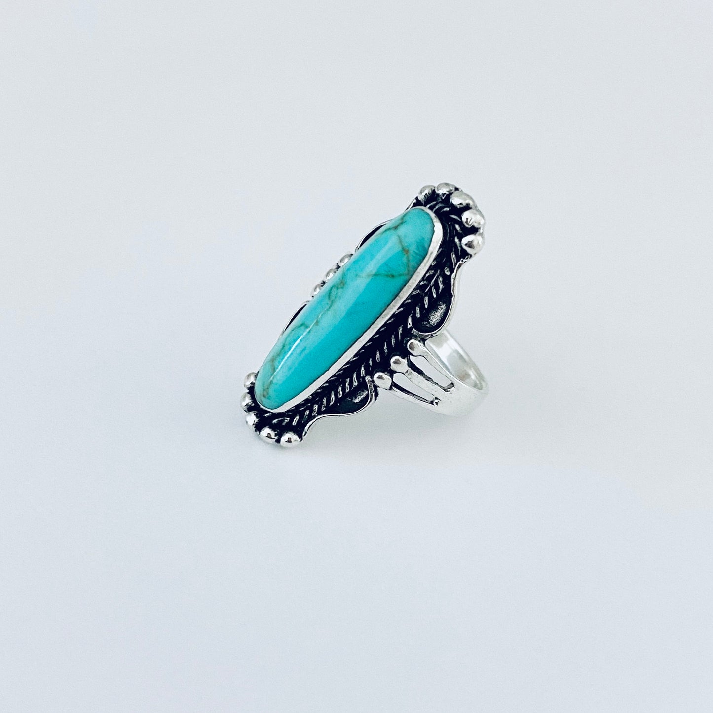 Sterling Silver Long Oval Synthetic Turquoise Ring, Statement Boho Stone Jewelry