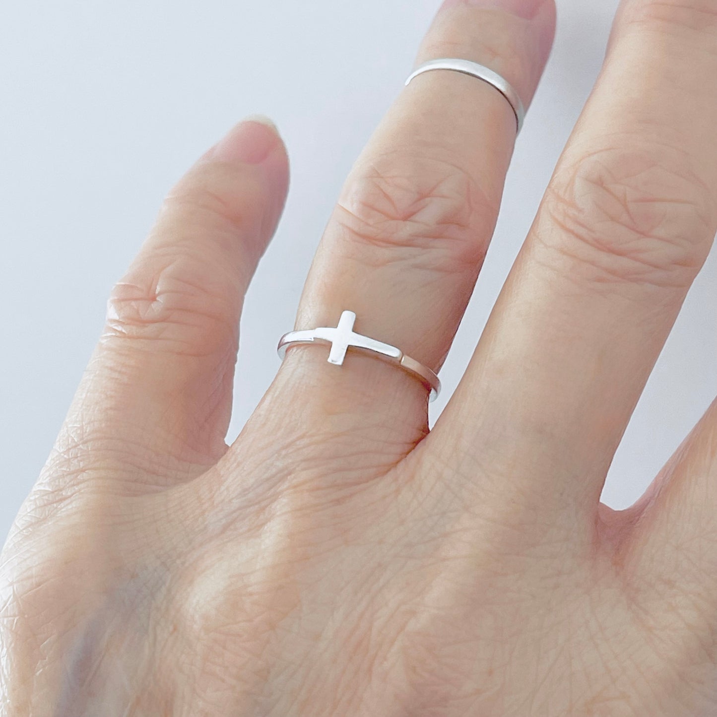 Sterling Silver Small High Polish Sideway Cross Ring, Minimalist Religious Jewelry