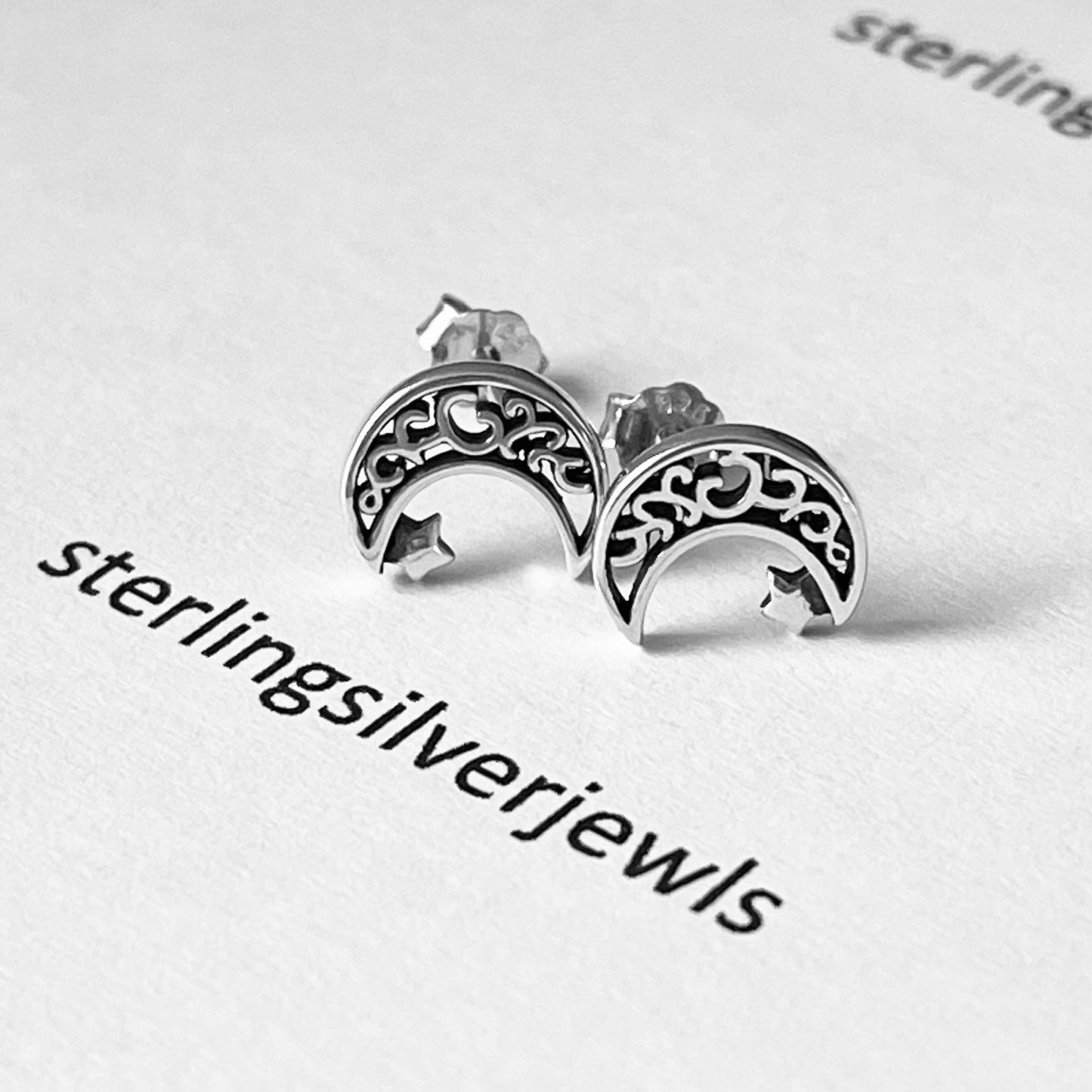 Sterling Silver Little Star and Filigree Crescent Moon Earring, Stud Silver Earrings