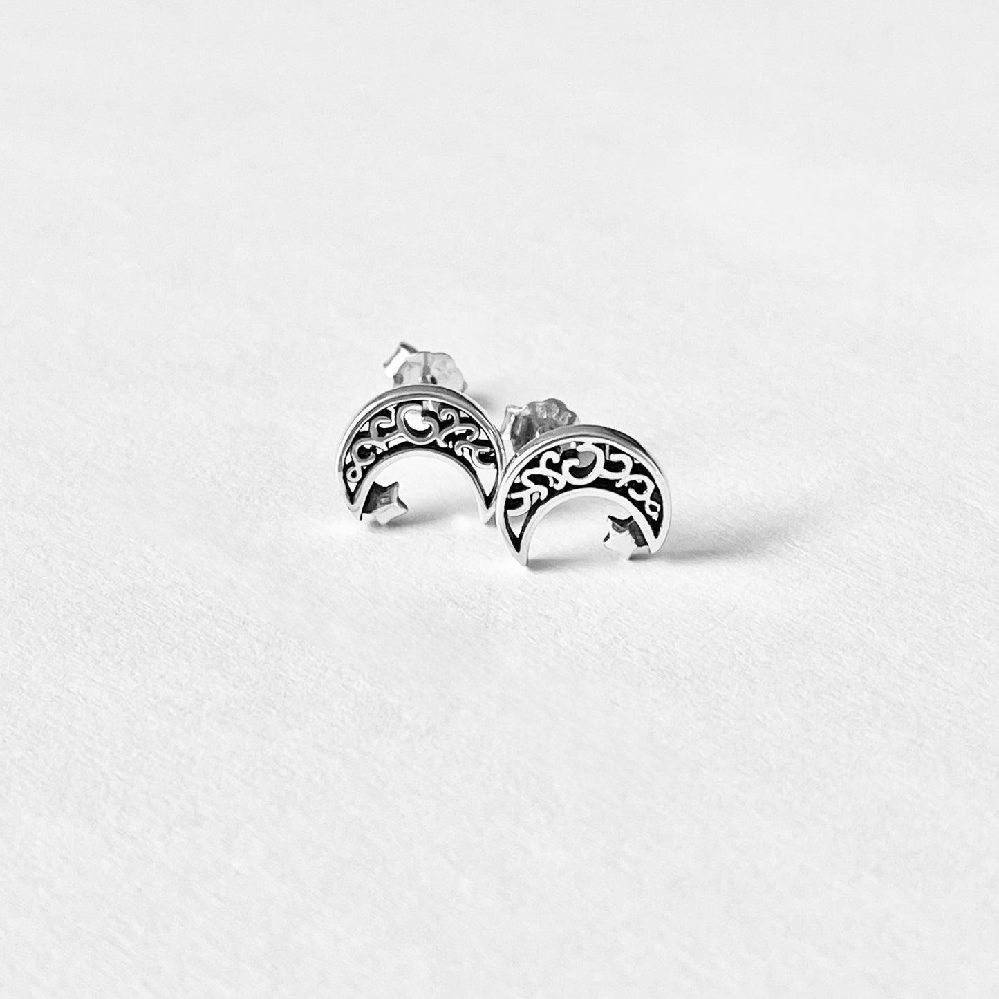 Sterling Silver Little Star and Filigree Crescent Moon Earring, Celestial Stud Silver Earrings