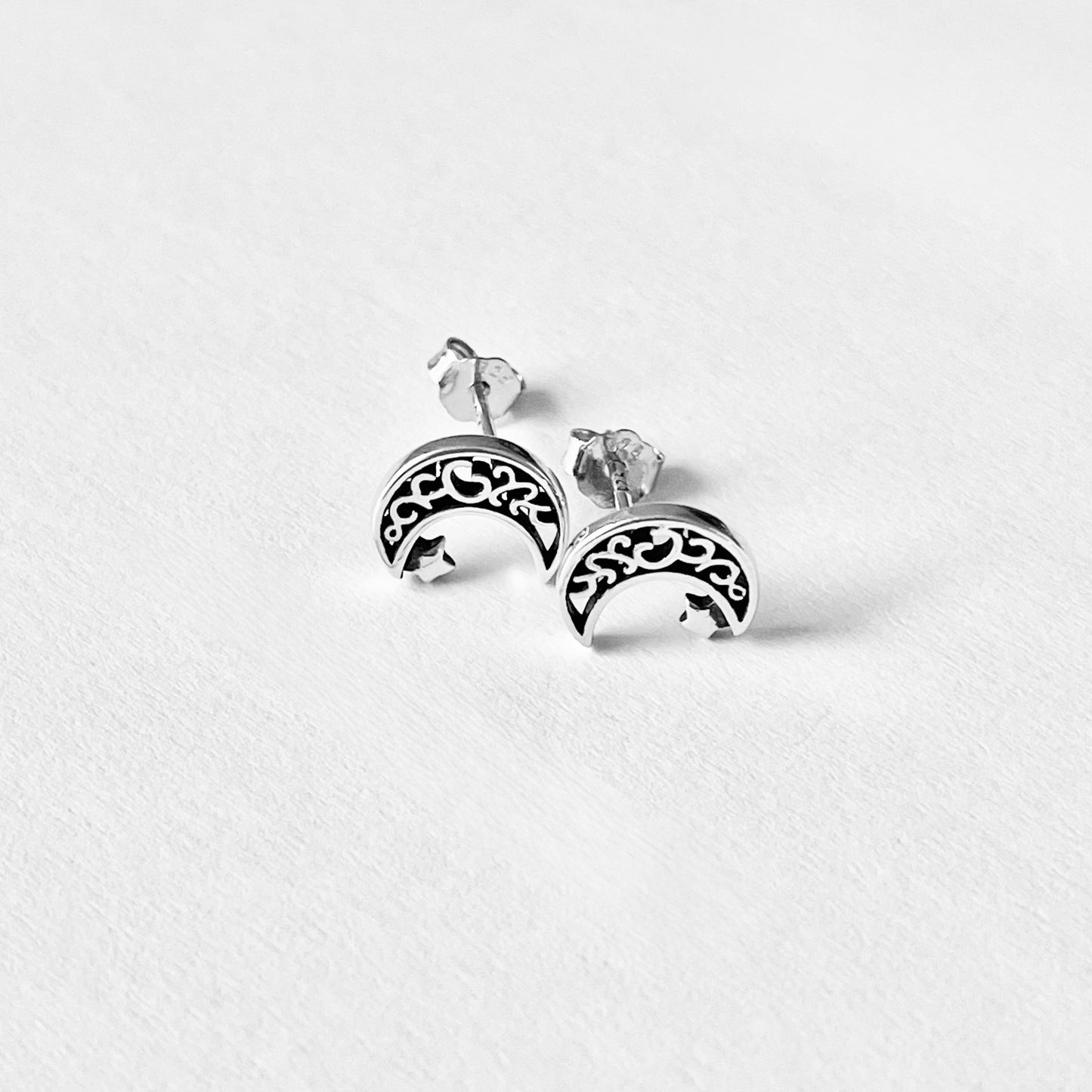 Sterling Silver Little Star and Filigree Crescent Moon Earring, Celestial Stud Silver Earrings