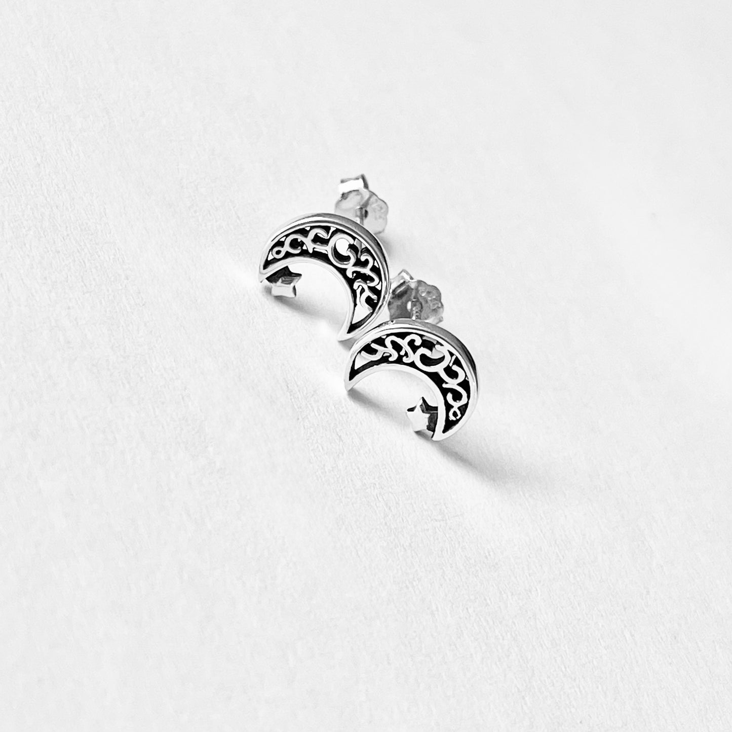 Sterling Silver Little Star and Filigree Crescent Moon Earring, Celestial Stud Silver Earrings