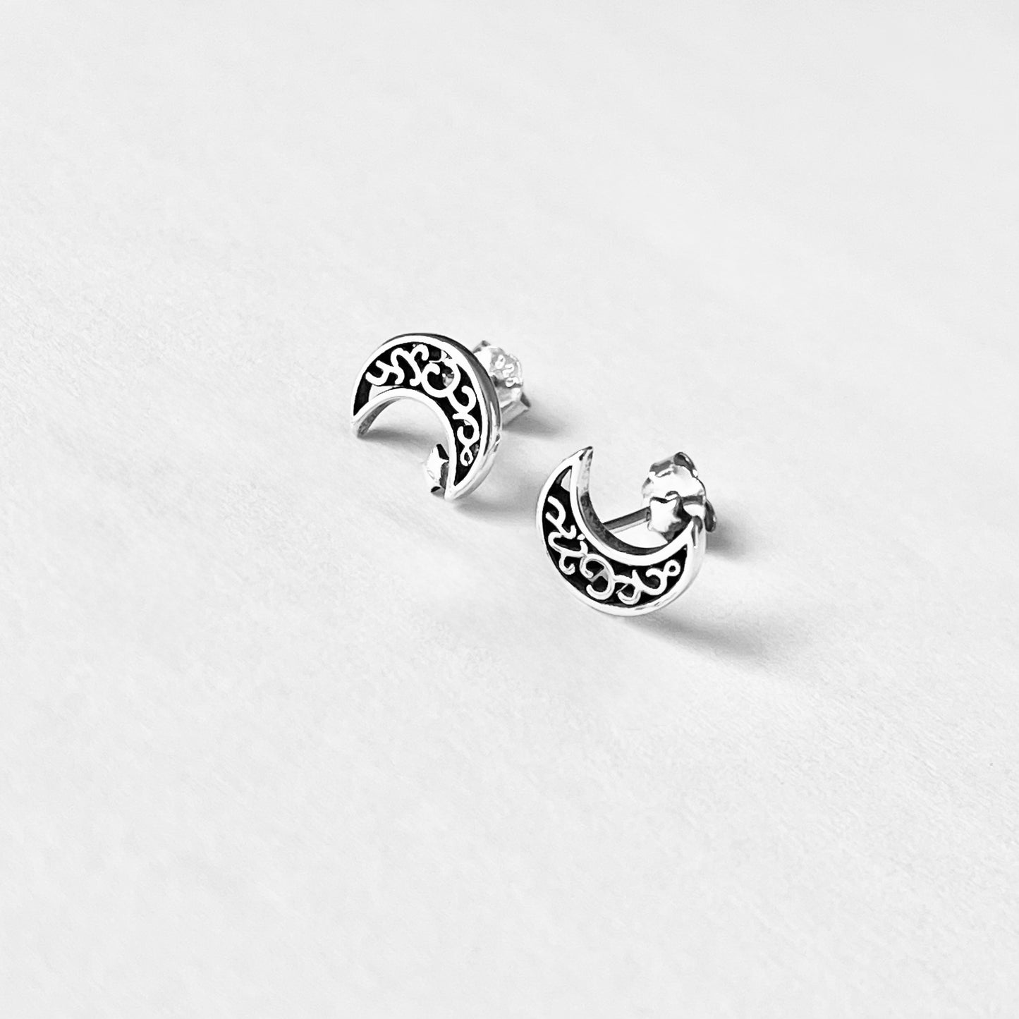 Sterling Silver Little Star and Filigree Crescent Moon Earring, Celestial Stud Silver Earrings