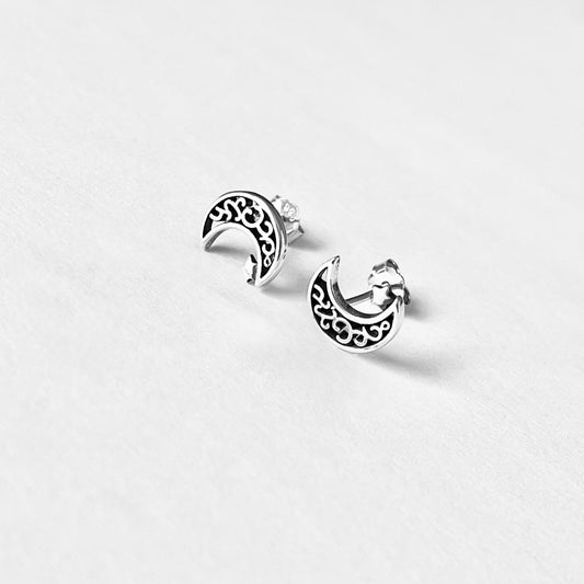 Sterling Silver Little Star and Filigree Crescent Moon Earring, Celestial Stud Silver Earrings